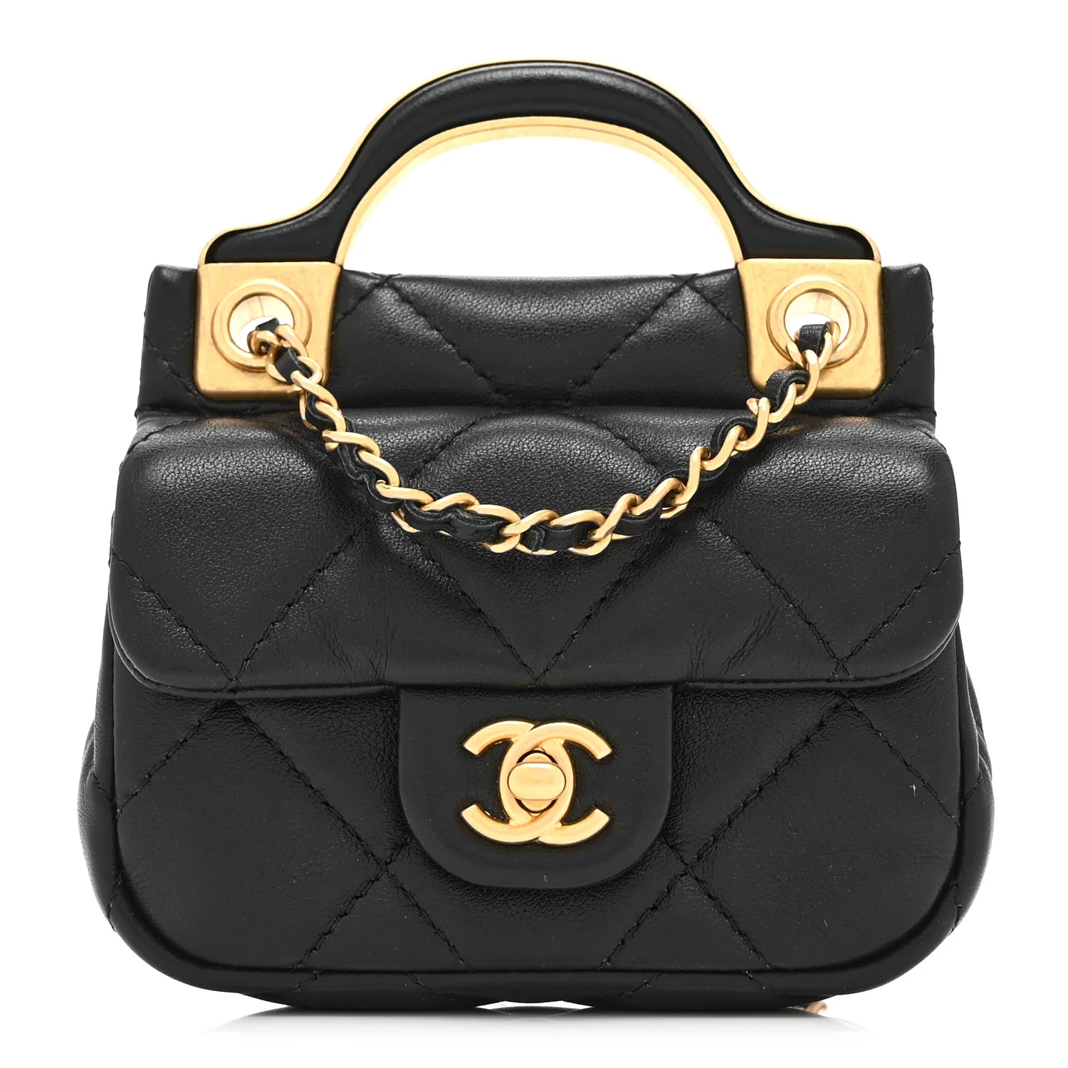 Calfskin Quilted Lady Handle Flap Card Holder With Chain Black