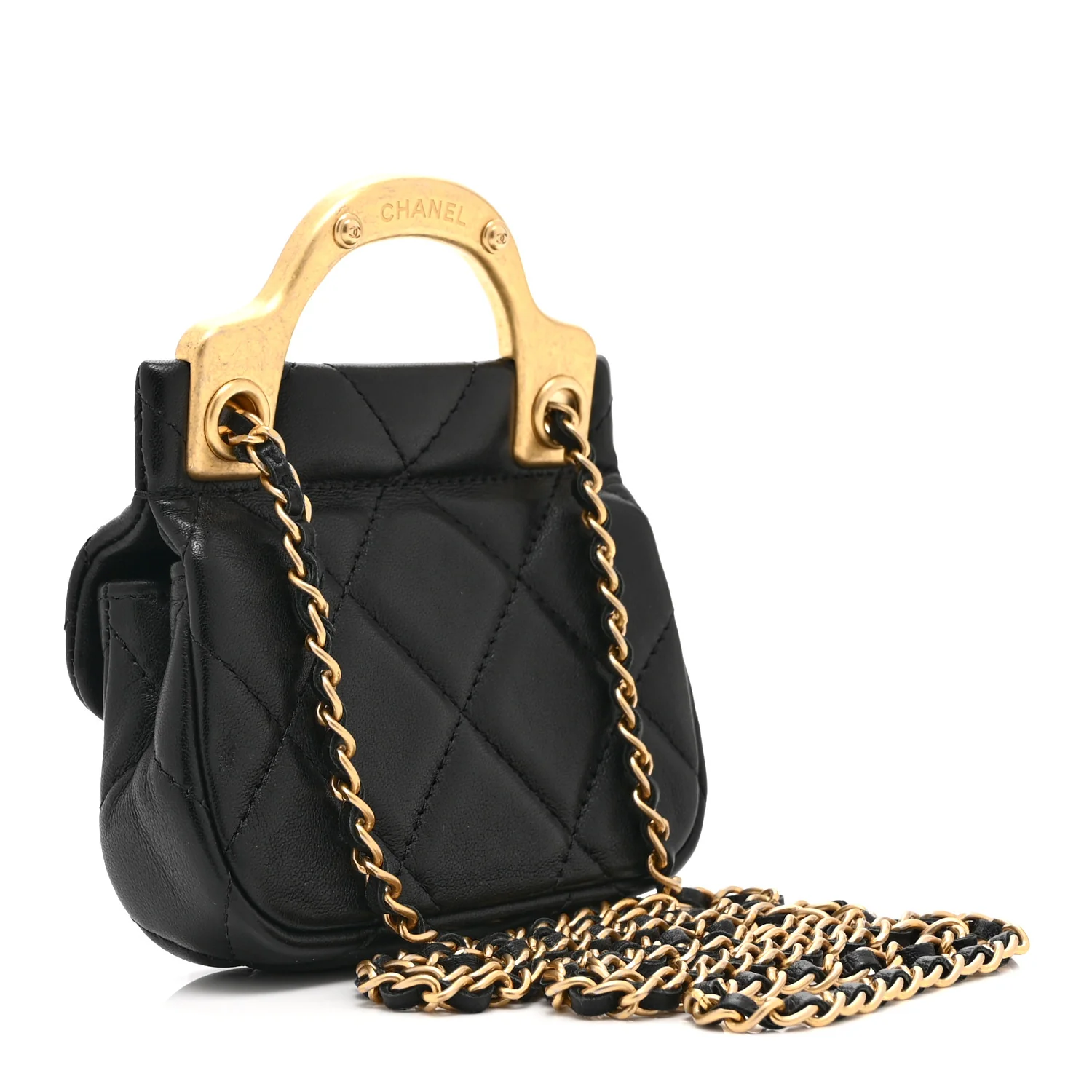Calfskin Quilted Lady Handle Flap Card Holder With Chain Black - Image 3