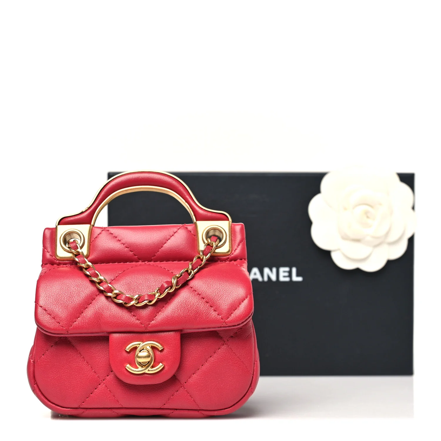 Calfskin Quilted Lady Handle Flap Card Holder With Chain Dark Pink - Image 12