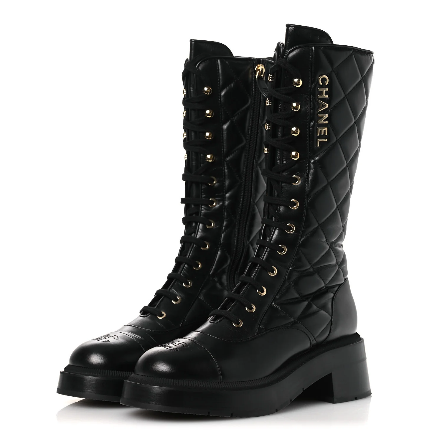 Calfskin Quilted Logo Lace Up Tall Combat Boots 39 Black - Image 4