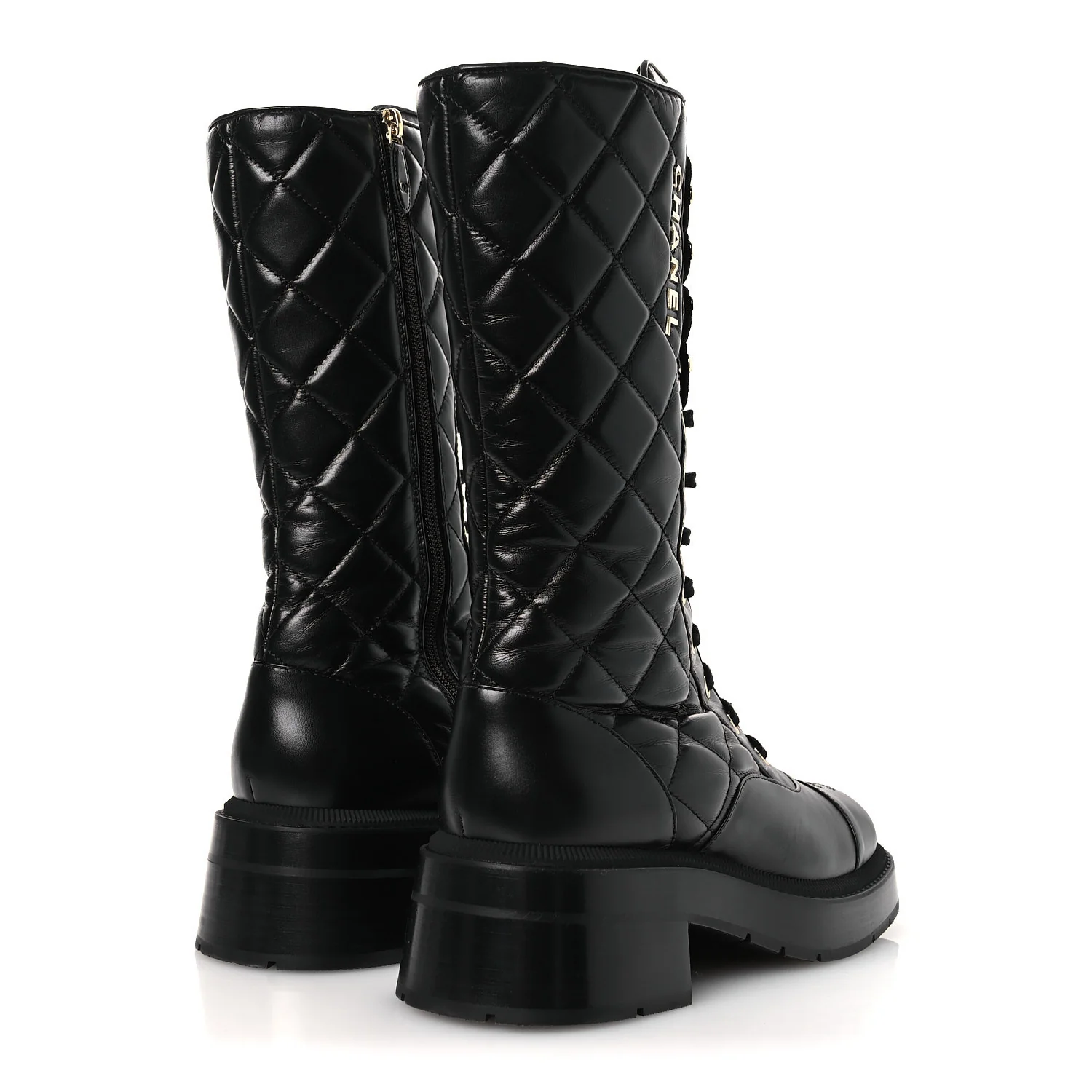 Calfskin Quilted Logo Lace Up Tall Combat Boots 39 Black - Image 5
