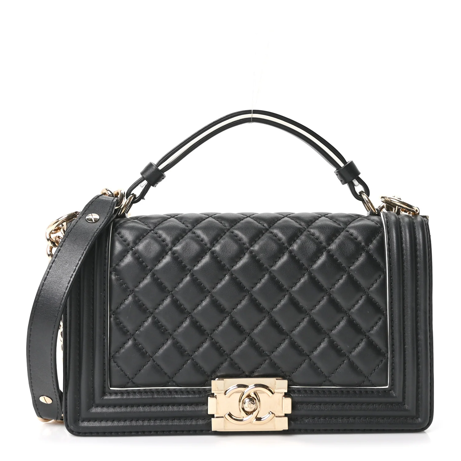 Calfskin Quilted Medium Boy Top Handle Flap Black