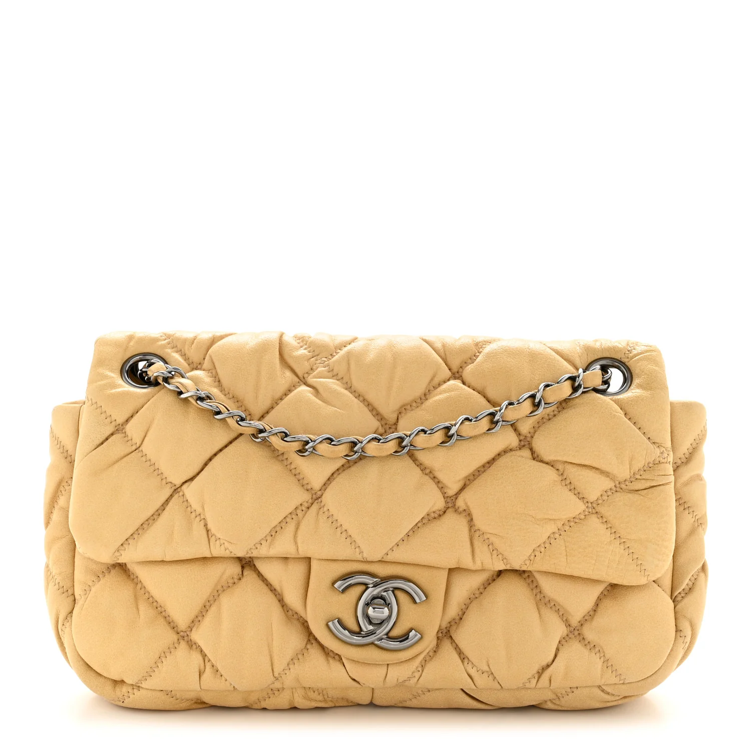 Calfskin Quilted Medium Bubble Quilt Flap Bag Beige