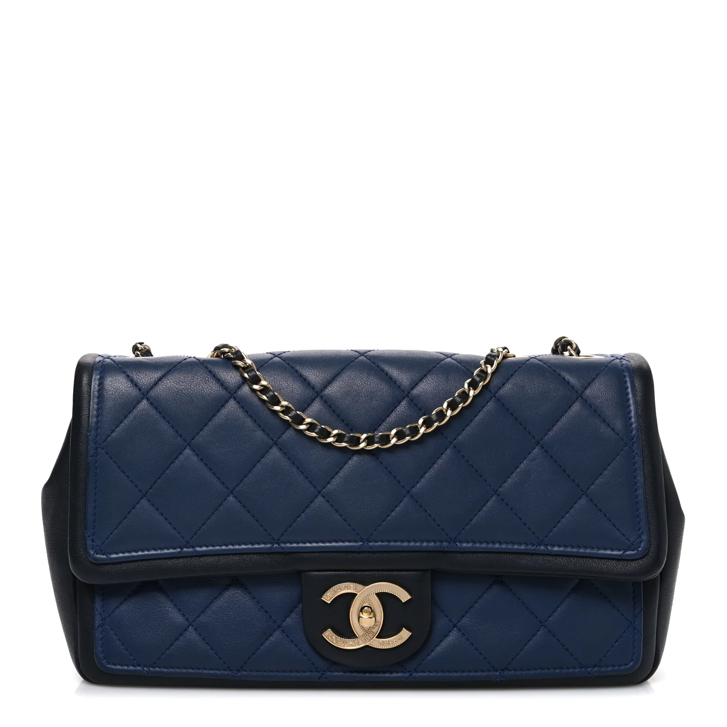 Calfskin Quilted Medium Graphic Flap Blue Black