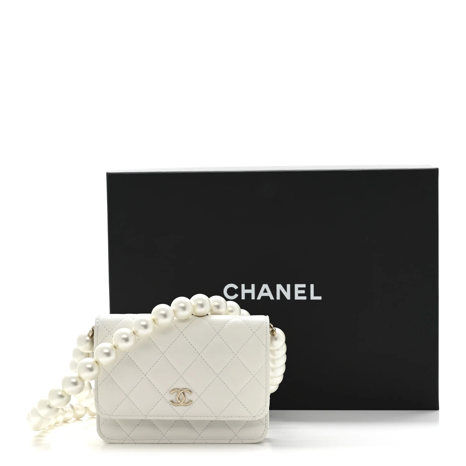Calfskin Quilted Mini Maxi Pearls Wallet On Chain WOC White - Image 12