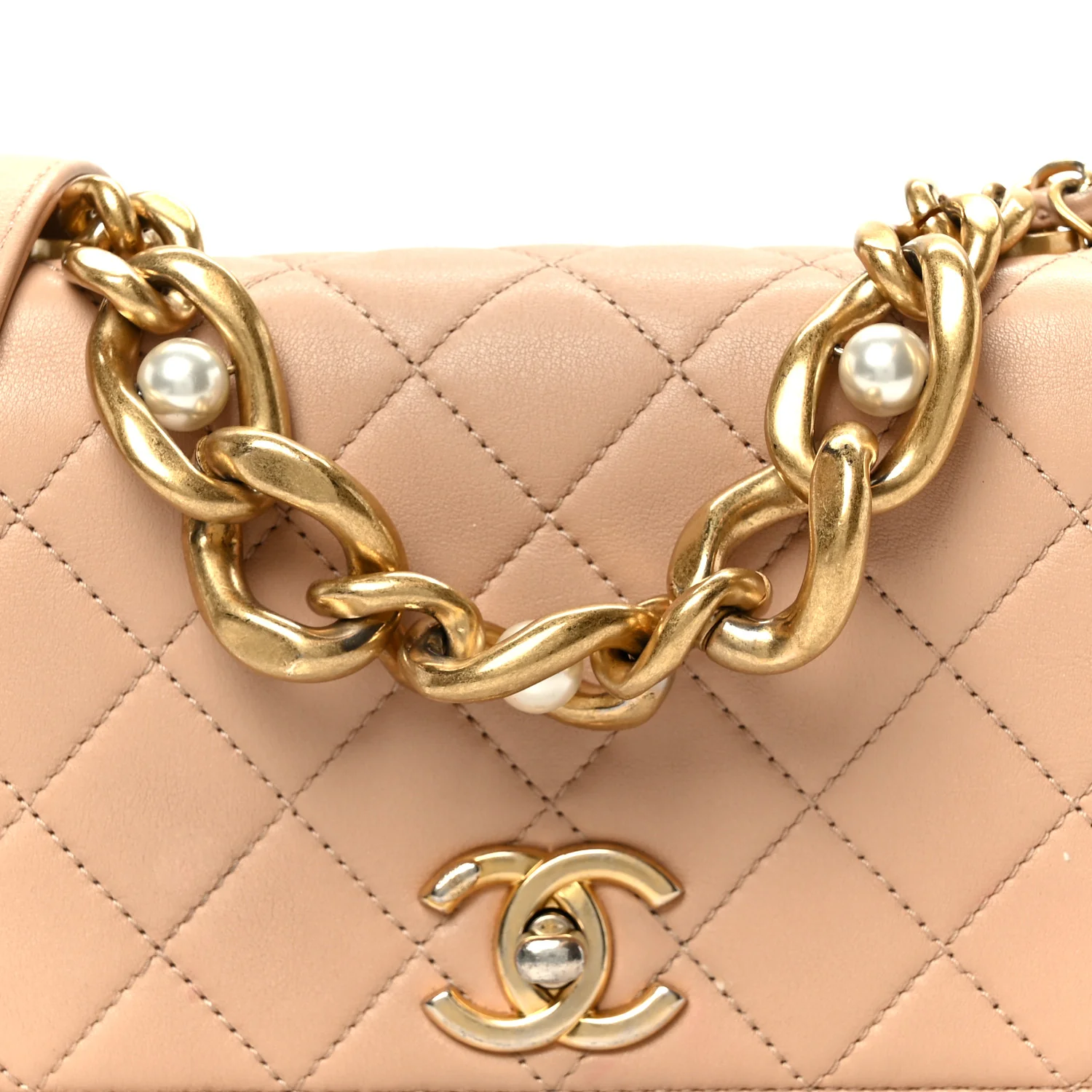 Calfskin Quilted Pearl Jewel Chain Flap Beige - Image 9