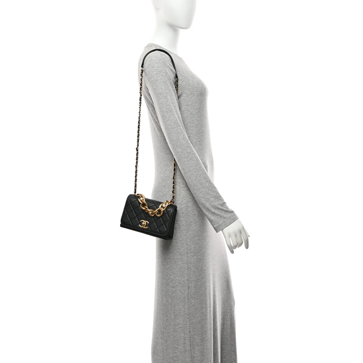 Calfskin Quilted Pearl Jewel Chain Flap Black - Image 2