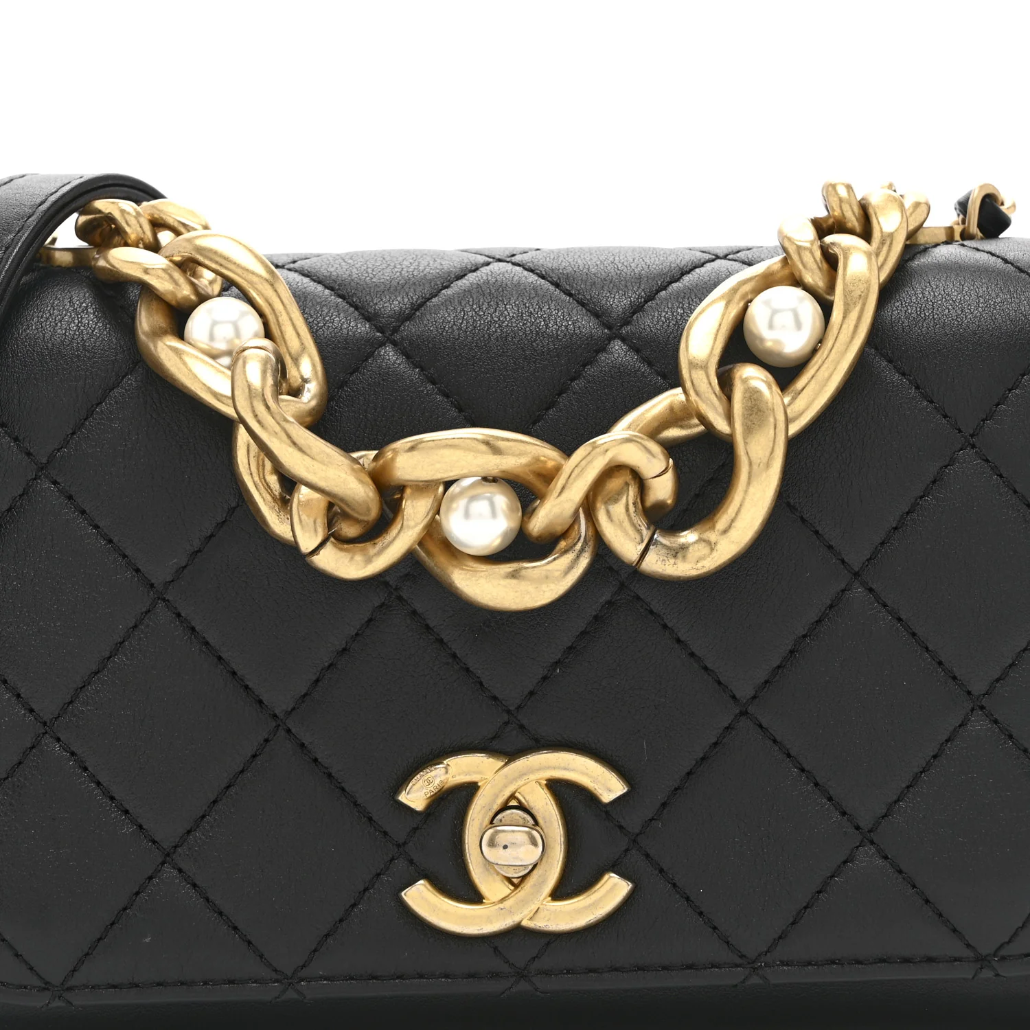 Calfskin Quilted Pearl Jewel Chain Flap Black - Image 8