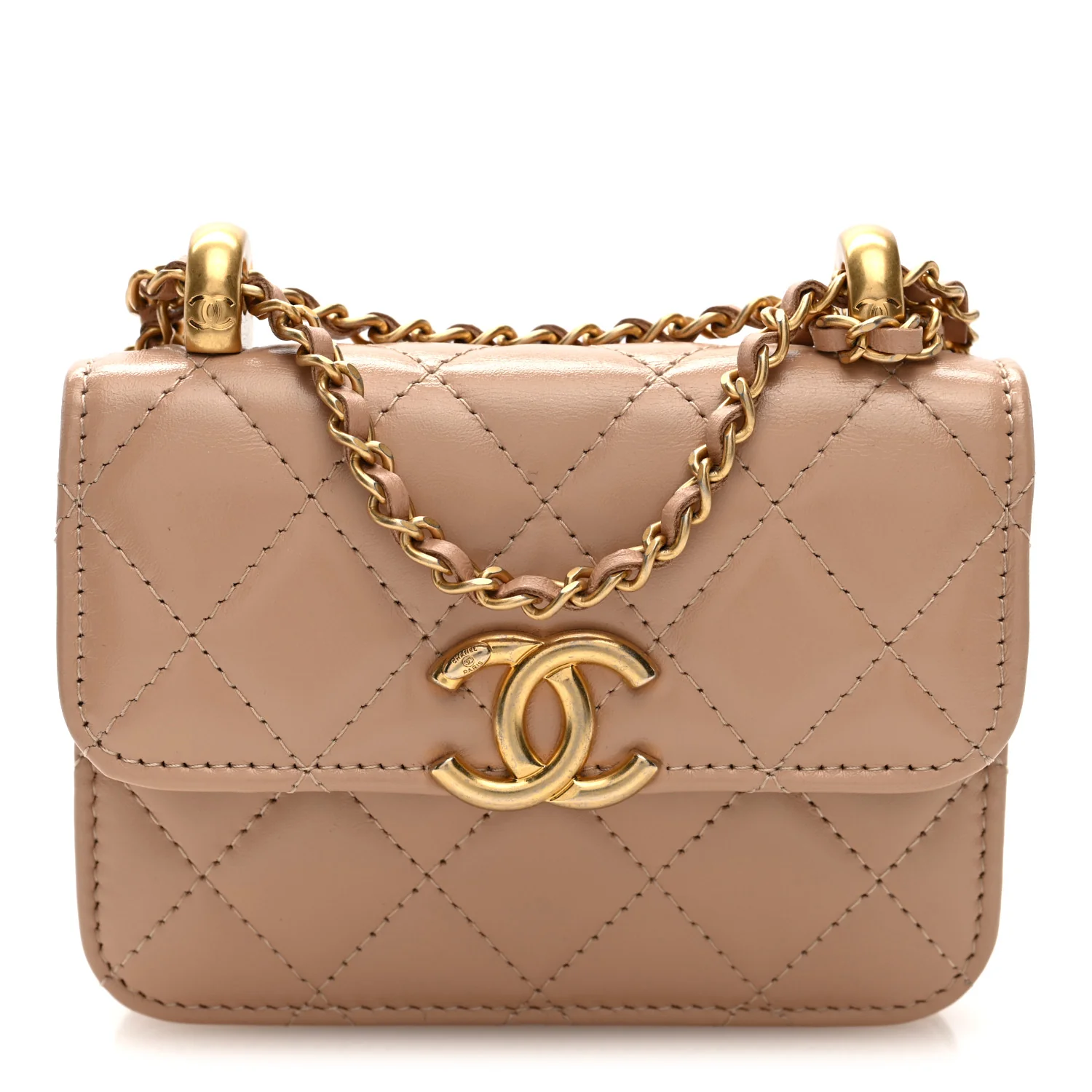 Calfskin Quilted Perfect Fit Coin Purse With Chain Beige