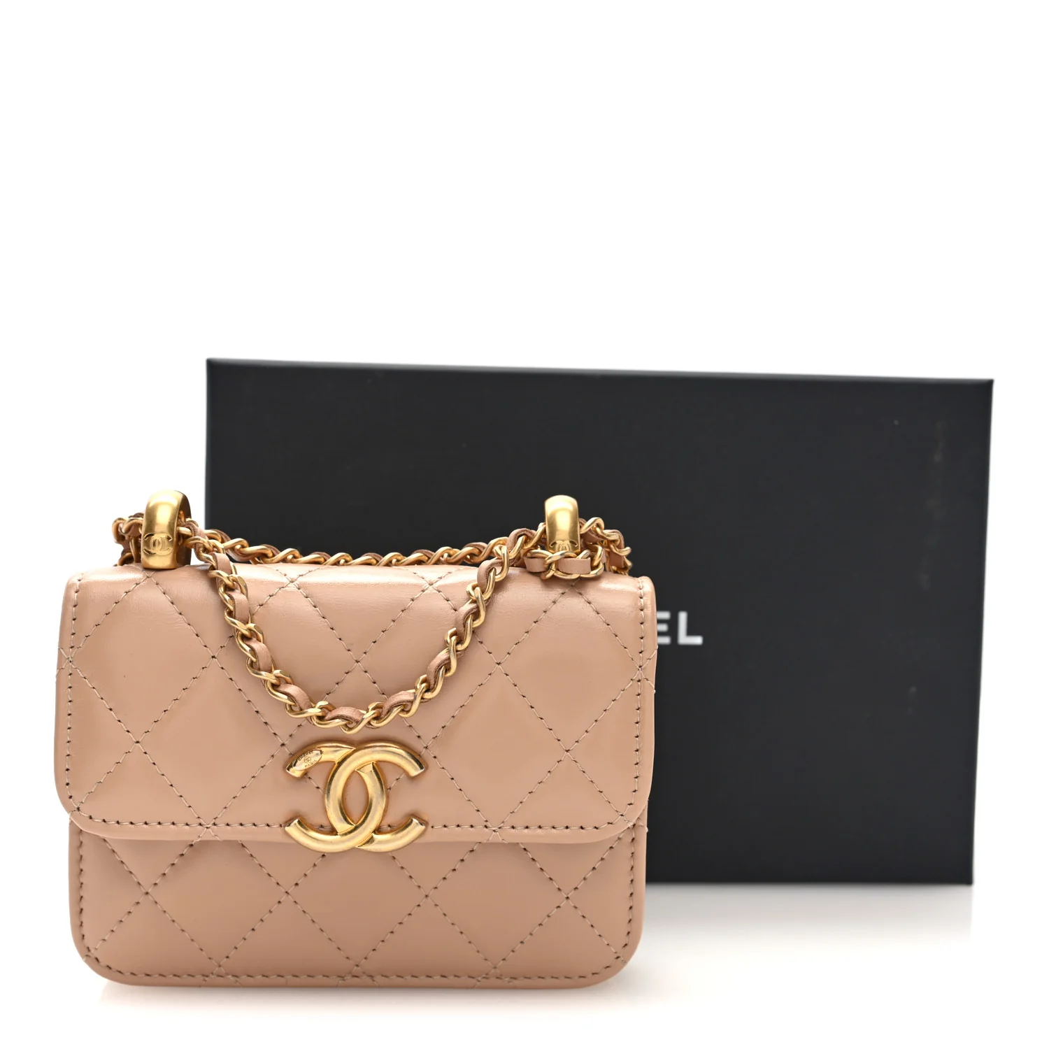 Calfskin Quilted Perfect Fit Coin Purse With Chain Beige - Image 10