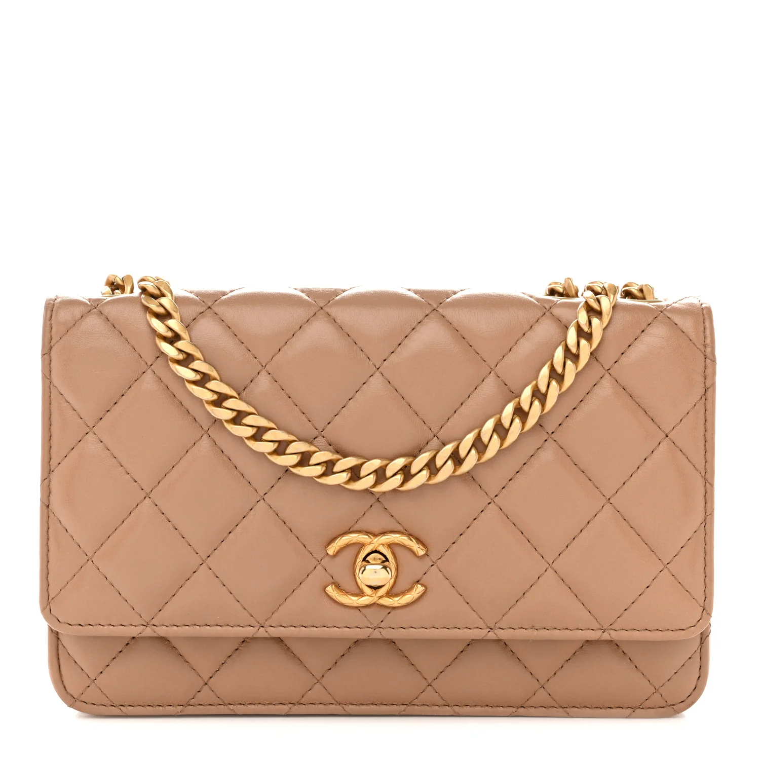 Calfskin Quilted Perfect Fit Wallet On Chain WOC Beige