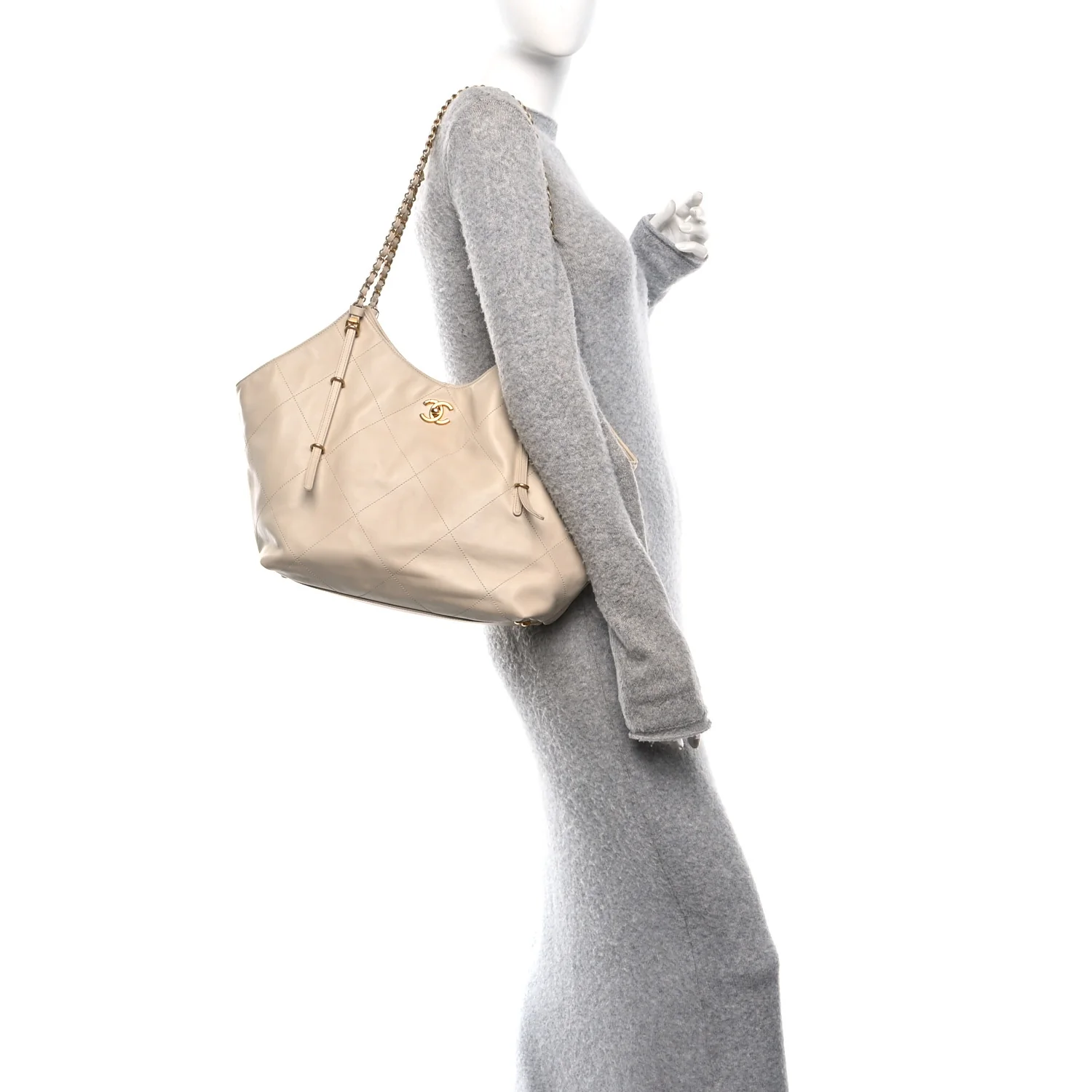 Calfskin Quilted Small Shopping Bag Beige - Image 2