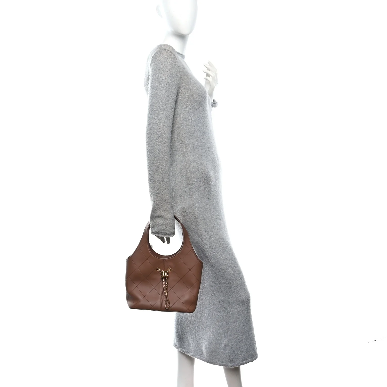 Calfskin Quilted Small Shopping Bag Brown - Image 3