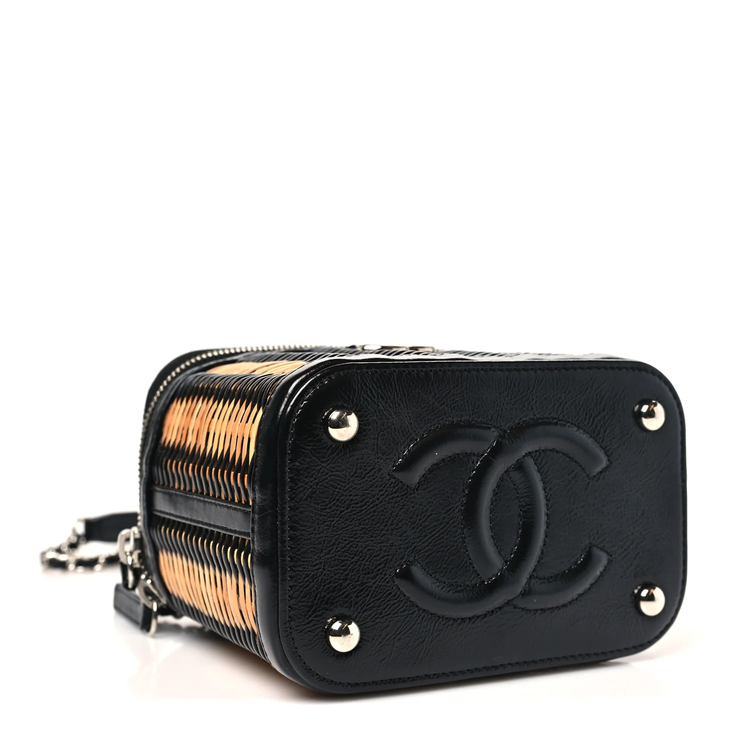 Calfskin Raffia Small Vanity Case Bag Black Beige - Image 4