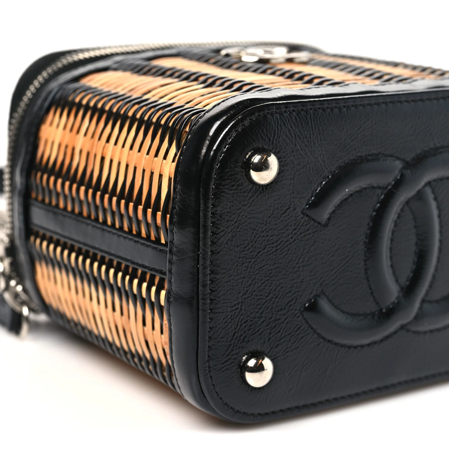 Calfskin Raffia Small Vanity Case Bag Black Beige - Image 9