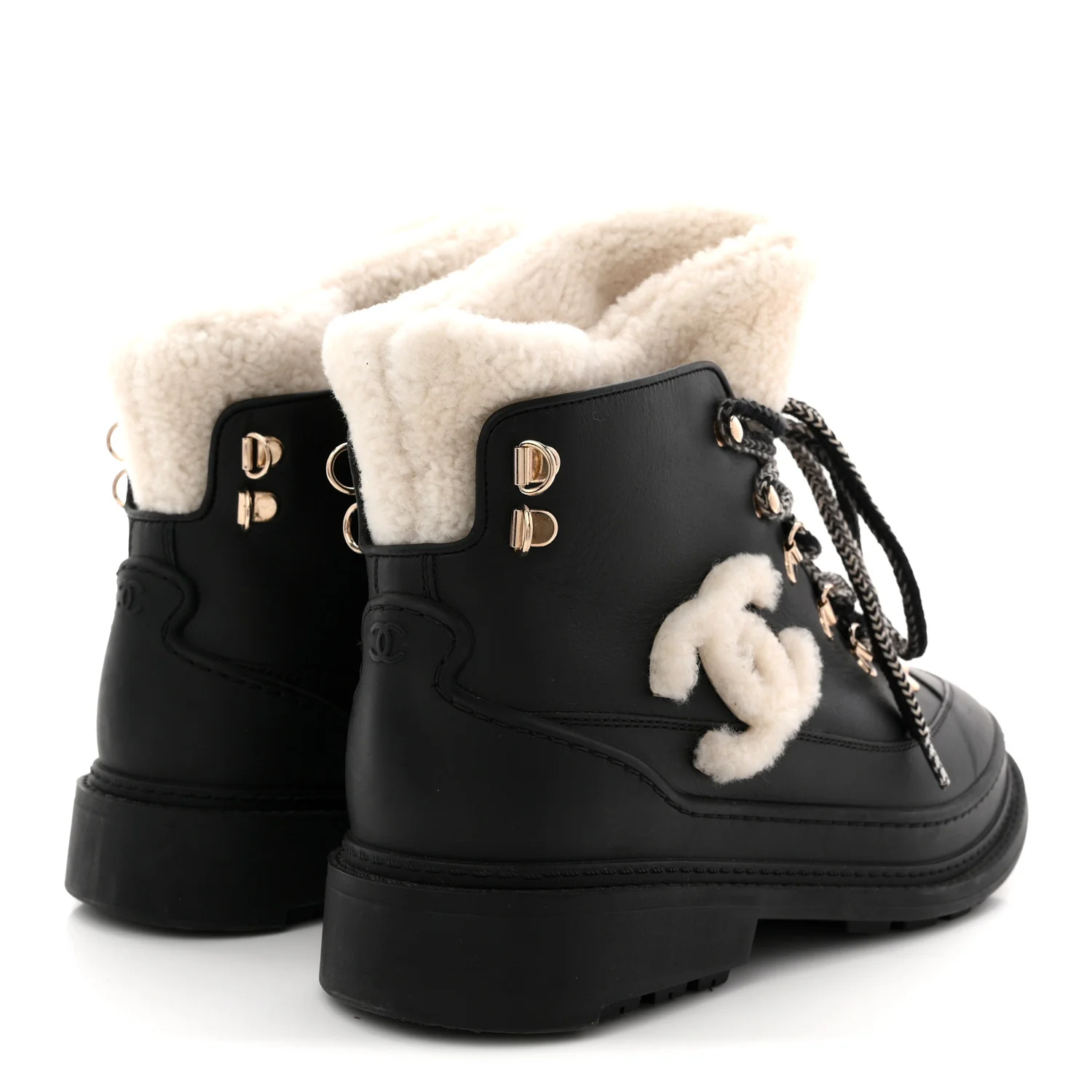 Calfskin Shearling CC Lace Up Boots 38.5 Black - Image 5