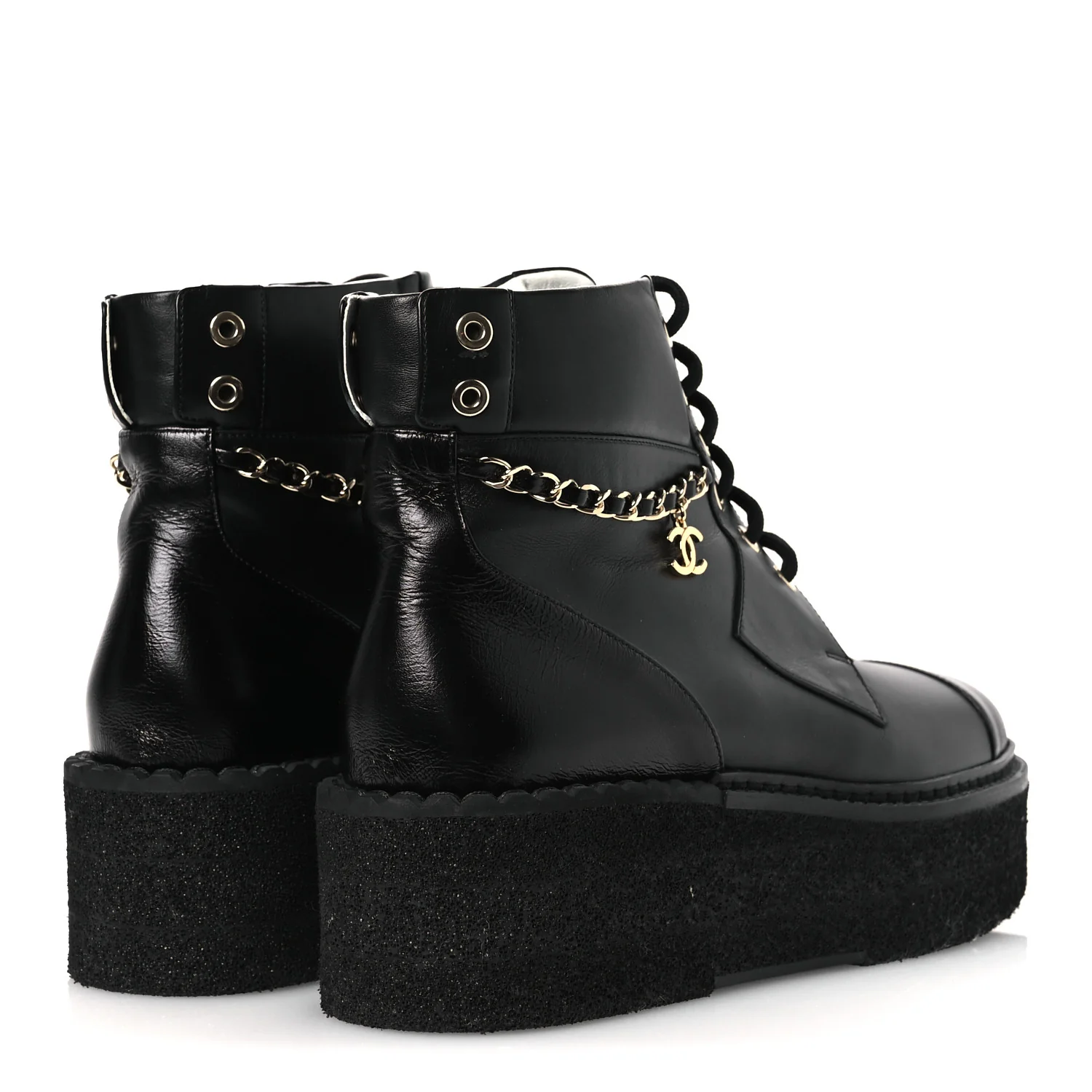 Calfskin Shiny Calfskin Chain Lace Up CC Short Boots 38.5 Black - Image 10