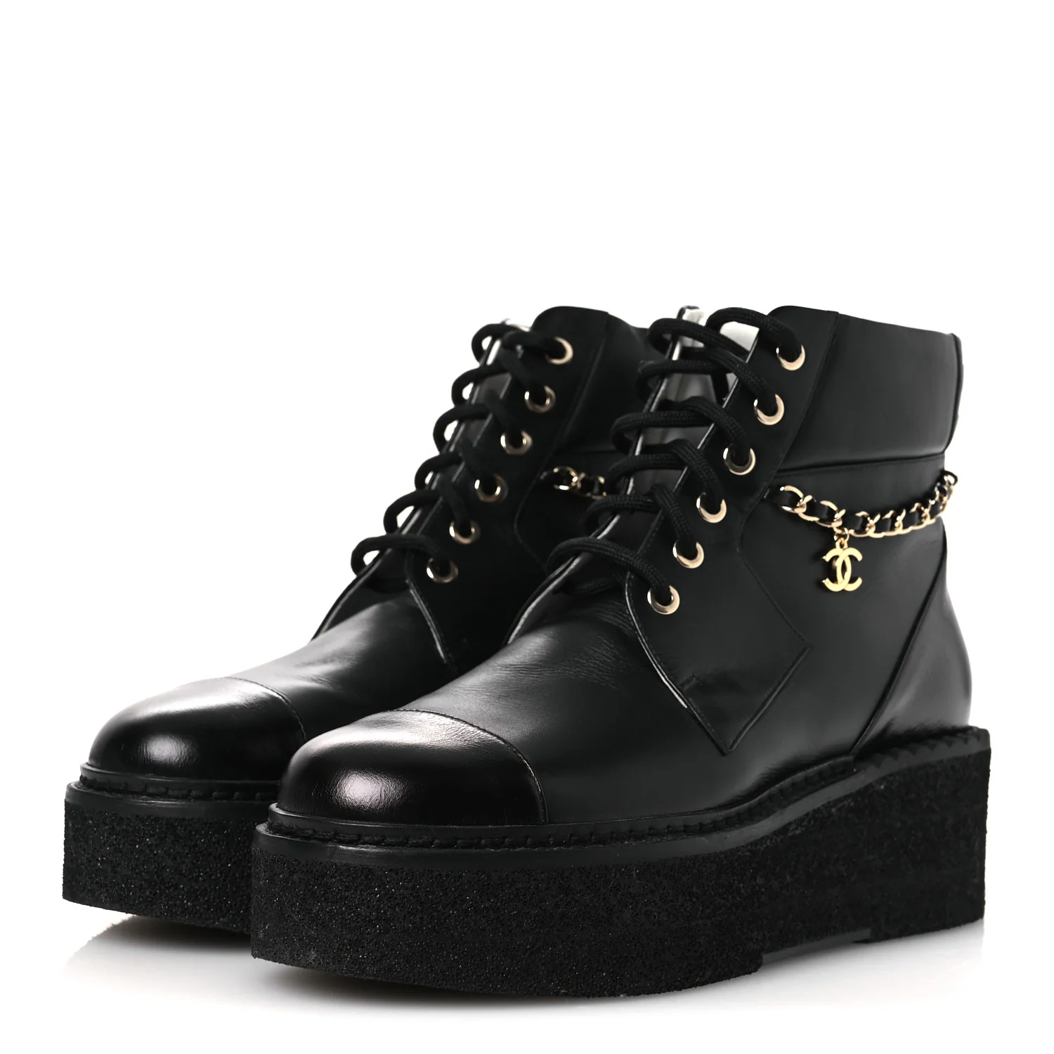 Calfskin Shiny Calfskin Chain Lace Up CC Short Boots 38.5 Black - Image 8