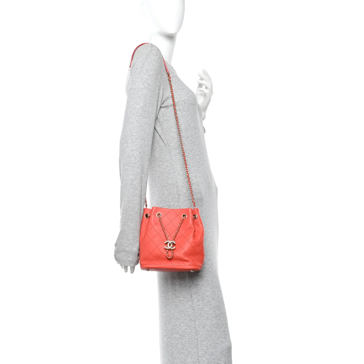 Calfskin Stitched Chain Bucket Bag Coral - Image 2