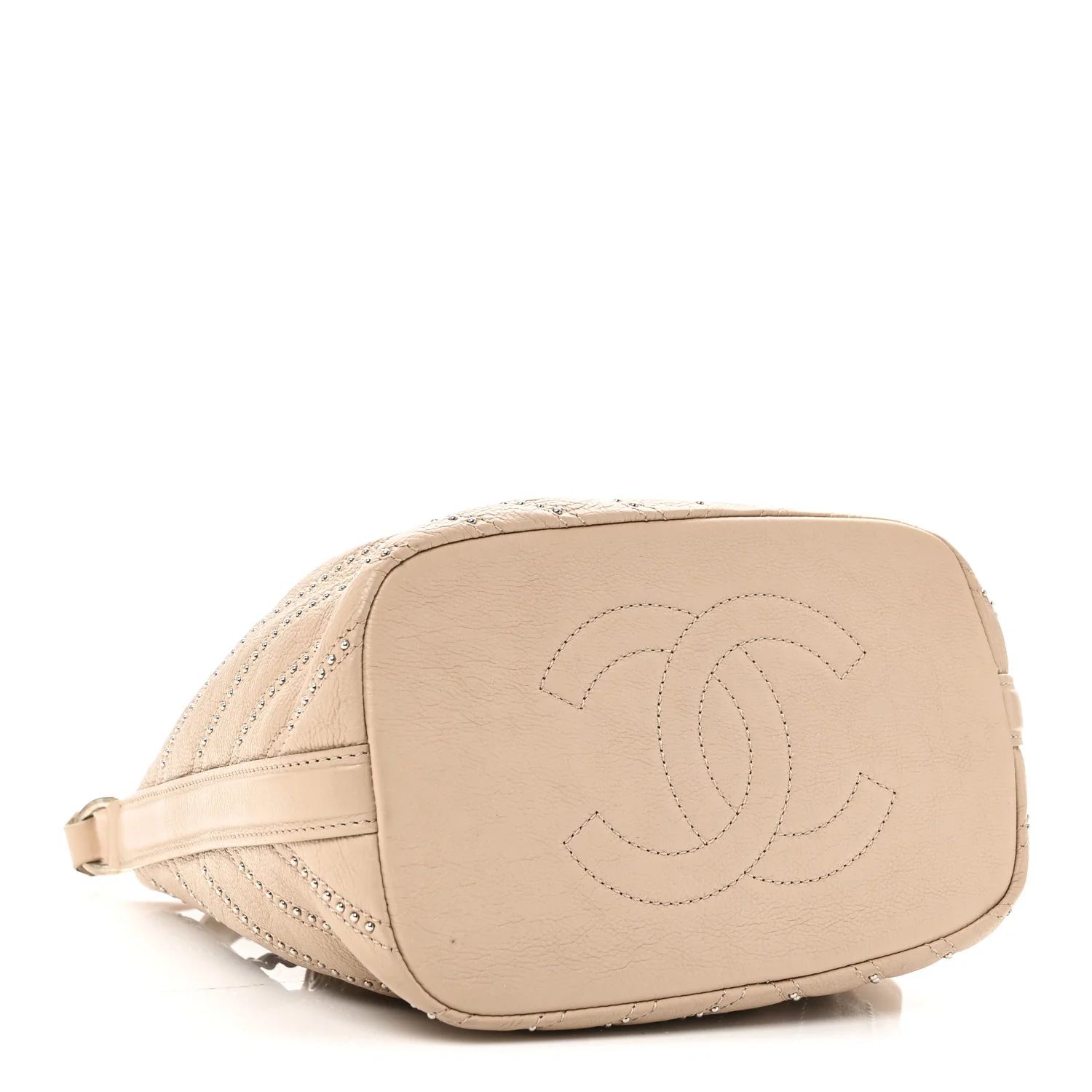Calfskin Studded Chevron Quilted Small Stud Wars Drawstring Bag Beige - Image 4