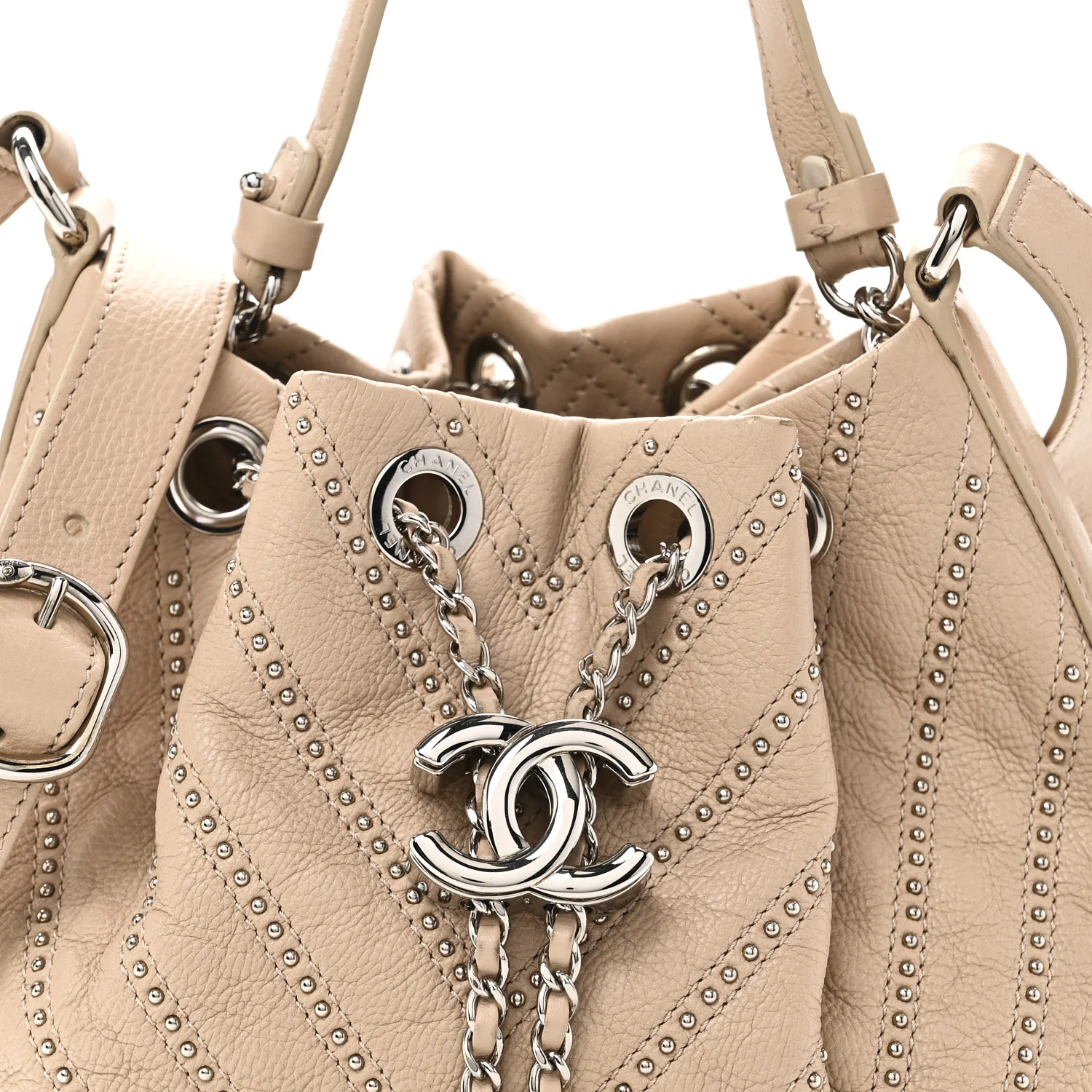 Calfskin Studded Chevron Quilted Small Stud Wars Drawstring Bag Beige - Image 8