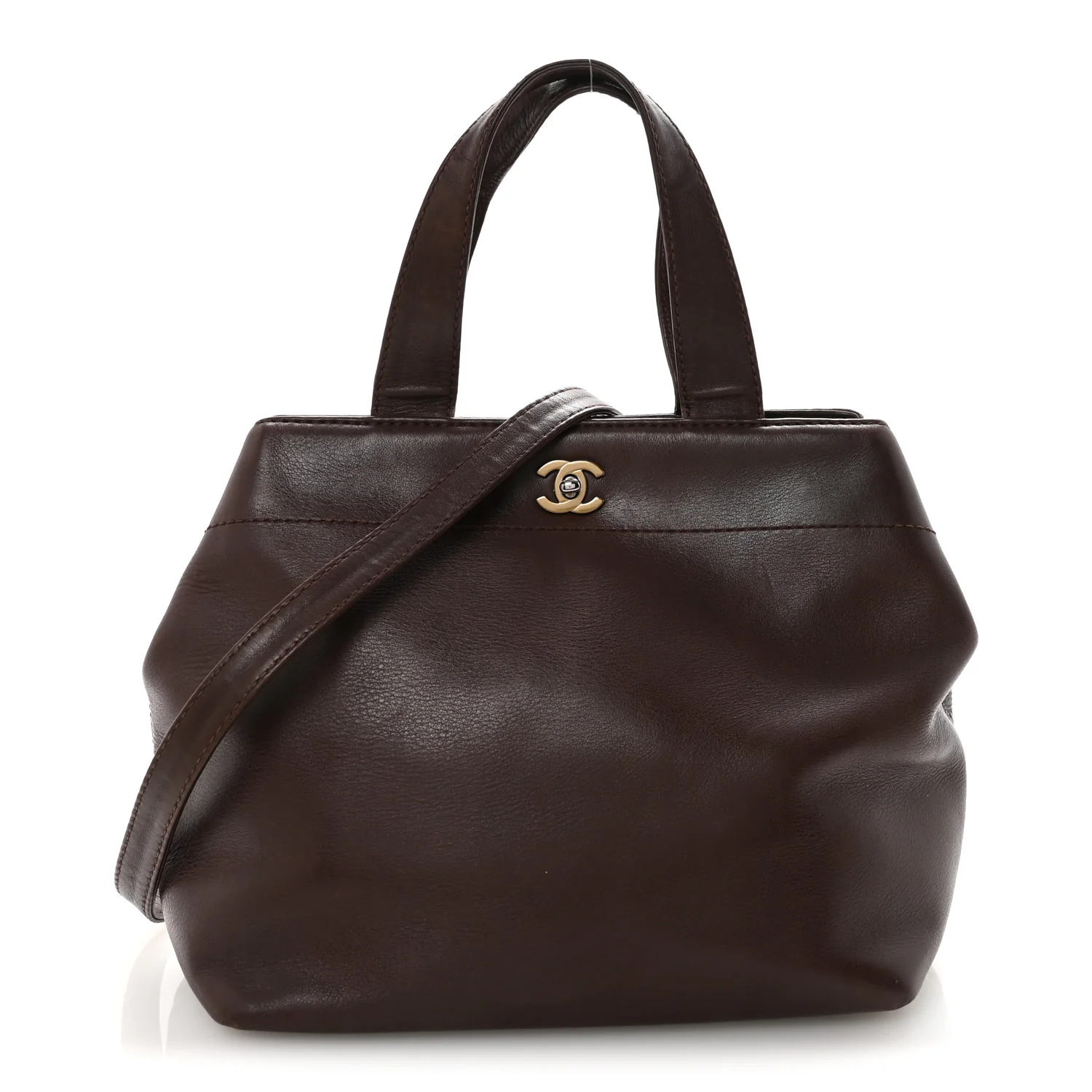 Calfskin Turnlock Shopper Tote Brown
