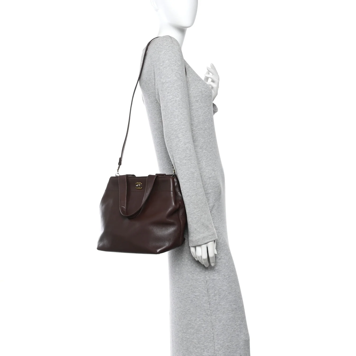 Calfskin Turnlock Shopper Tote Brown - Image 3