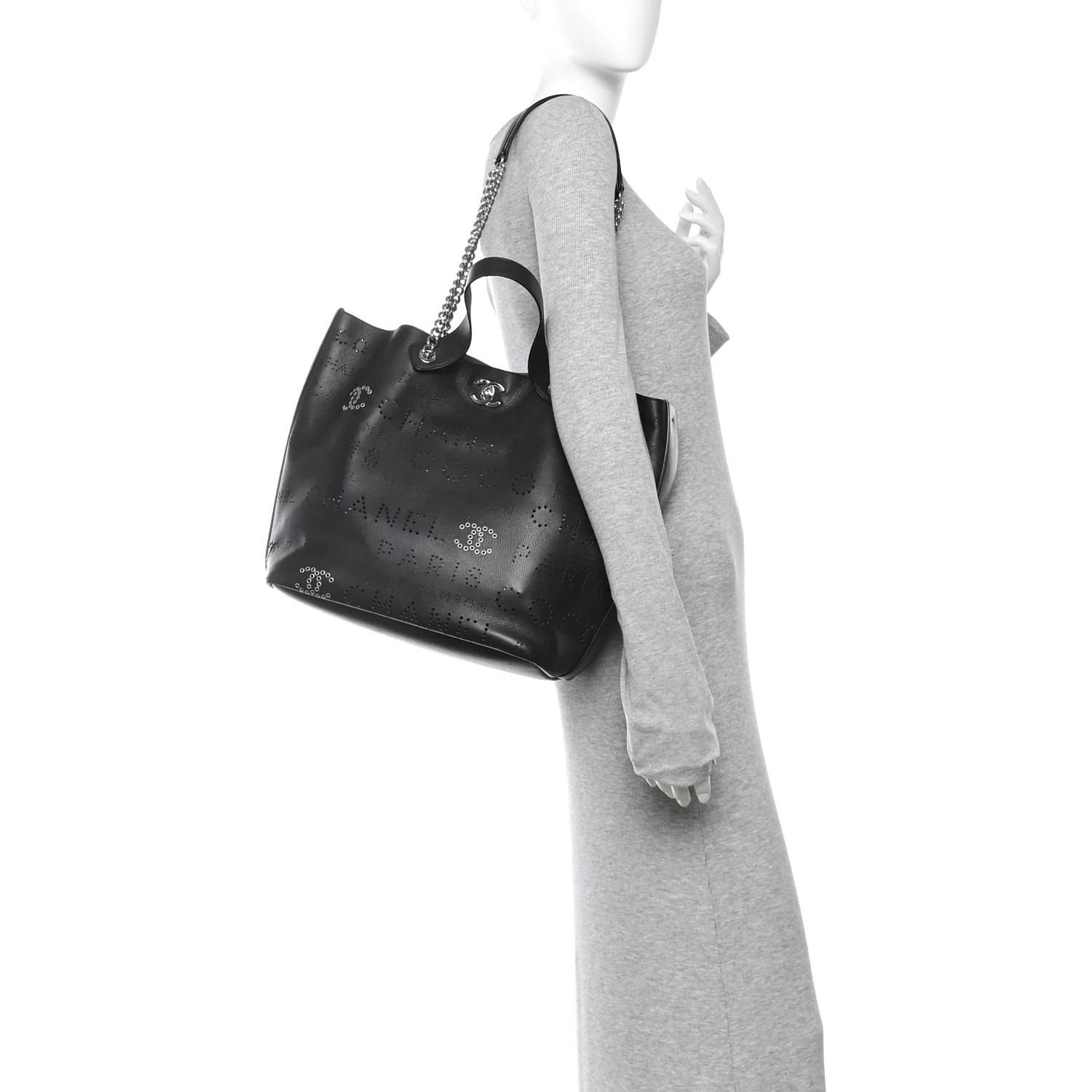 Calfskin Tweed Small Logo Eyelets Shopping Tote Black - Image 2