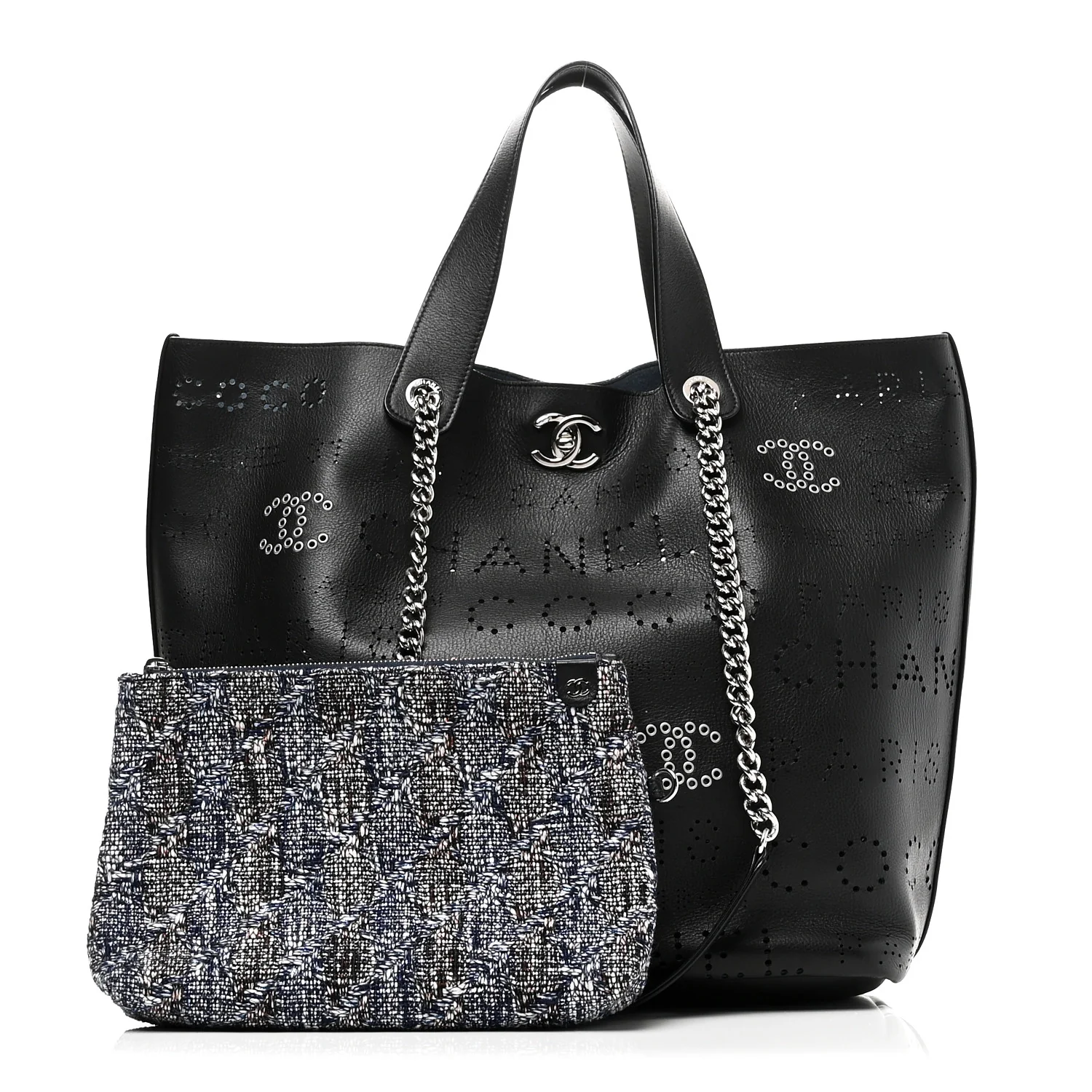 Calfskin Tweed Small Logo Eyelets Shopping Tote Black - Image 3