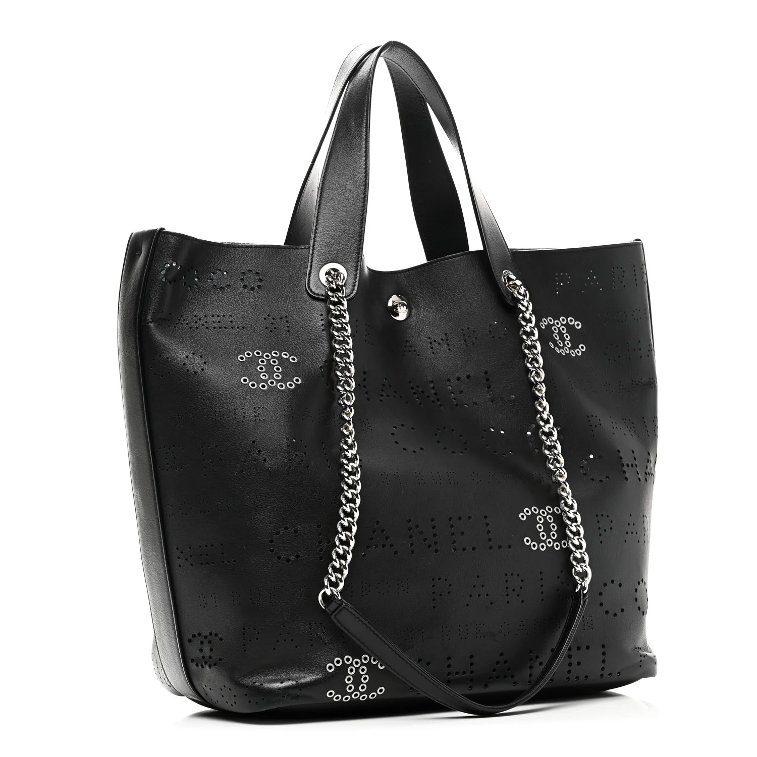 Calfskin Tweed Small Logo Eyelets Shopping Tote Black - Image 4