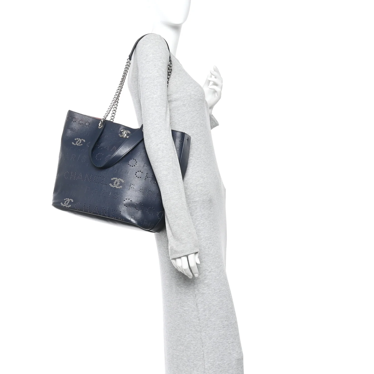 Calfskin Tweed Small Logo Eyelets Shopping Tote Navy Blue - Image 2