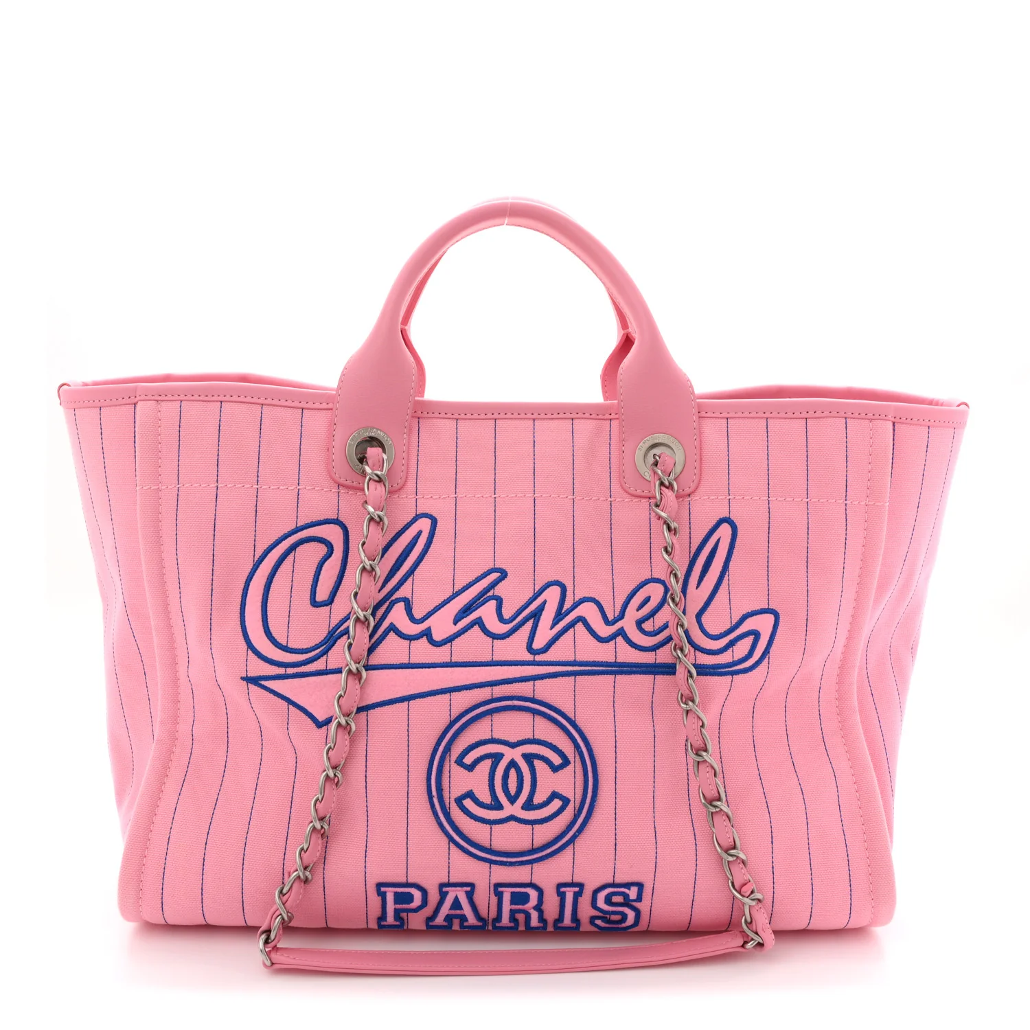 Canvas Calfskin Striped Large Deauville Tote Pink Blue