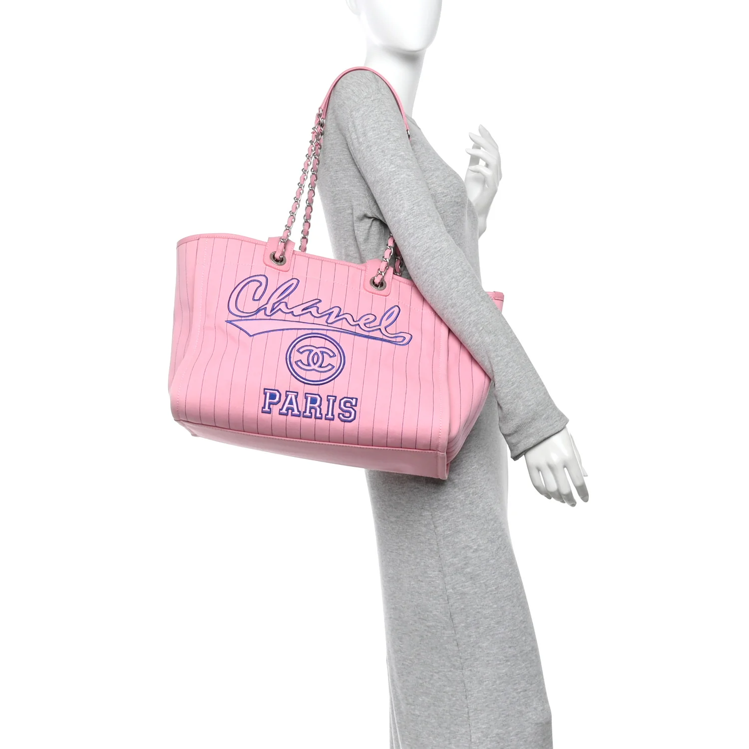 Canvas Calfskin Striped Large Deauville Tote Pink Blue - Image 2