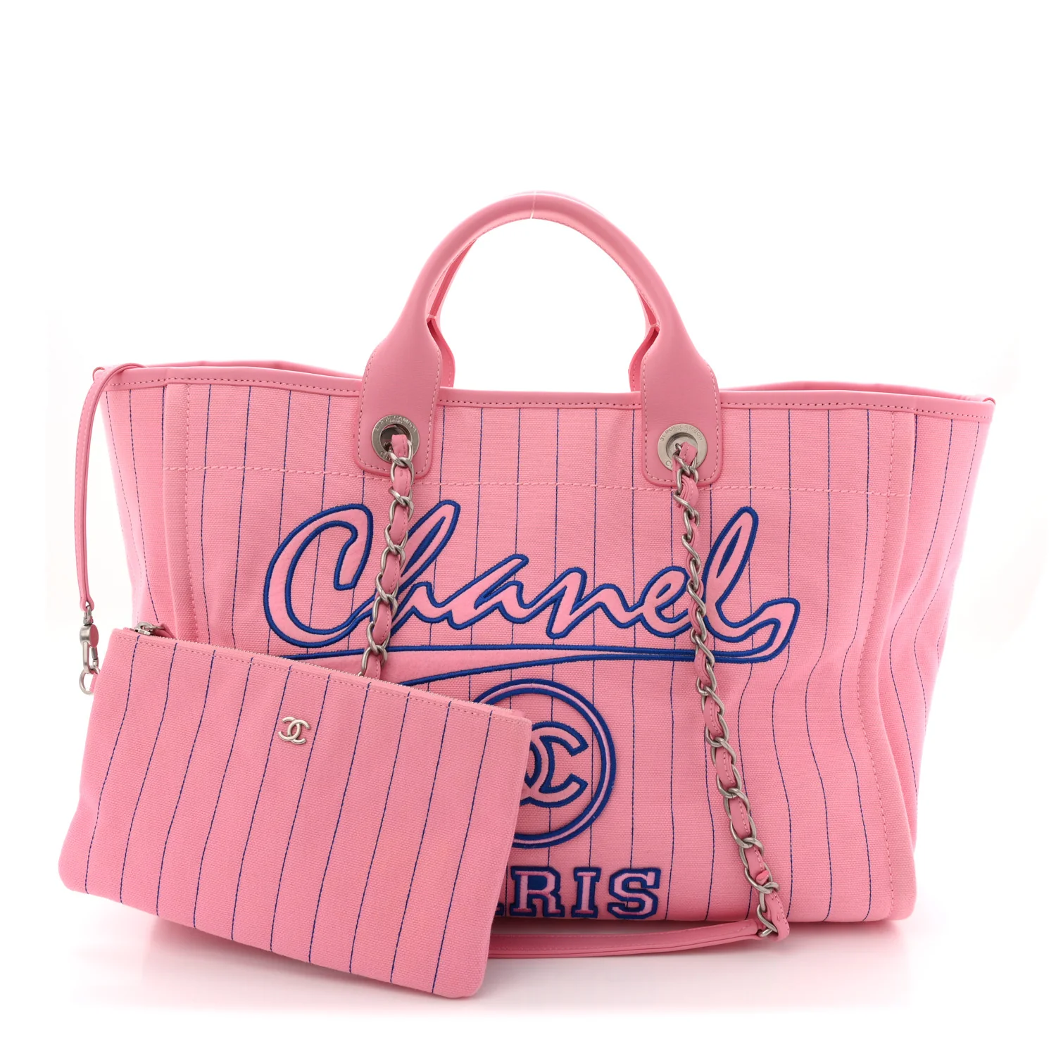 Canvas Calfskin Striped Large Deauville Tote Pink Blue - Image 3