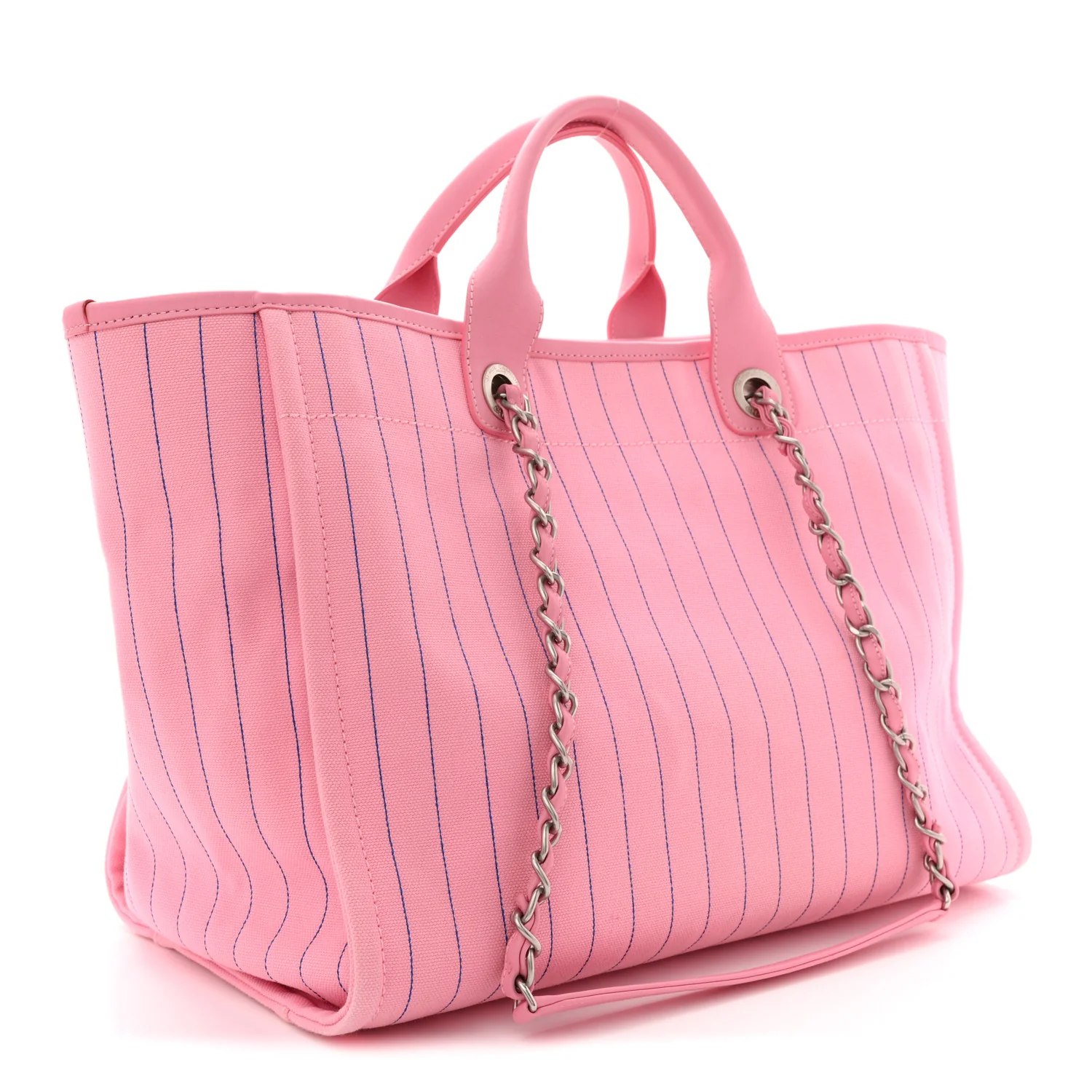 Canvas Calfskin Striped Large Deauville Tote Pink Blue - Image 4