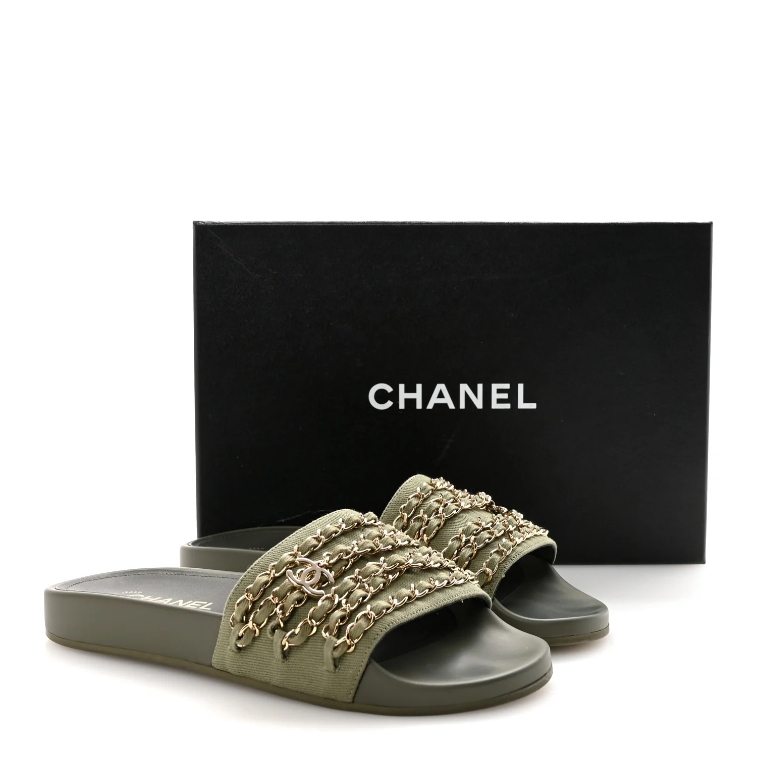Canvas Chain Flat Sandals 39 Khaki - Image 10