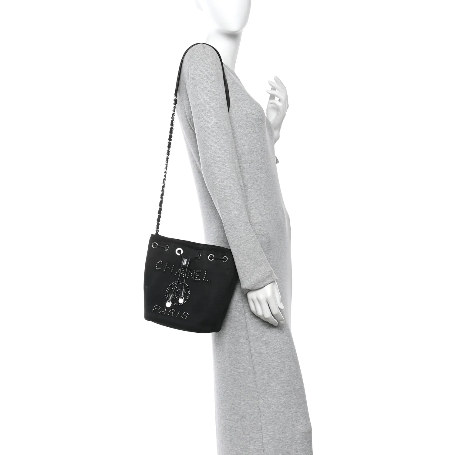 Canvas Deauville Drawstring Bucket Bag Black - Image 2