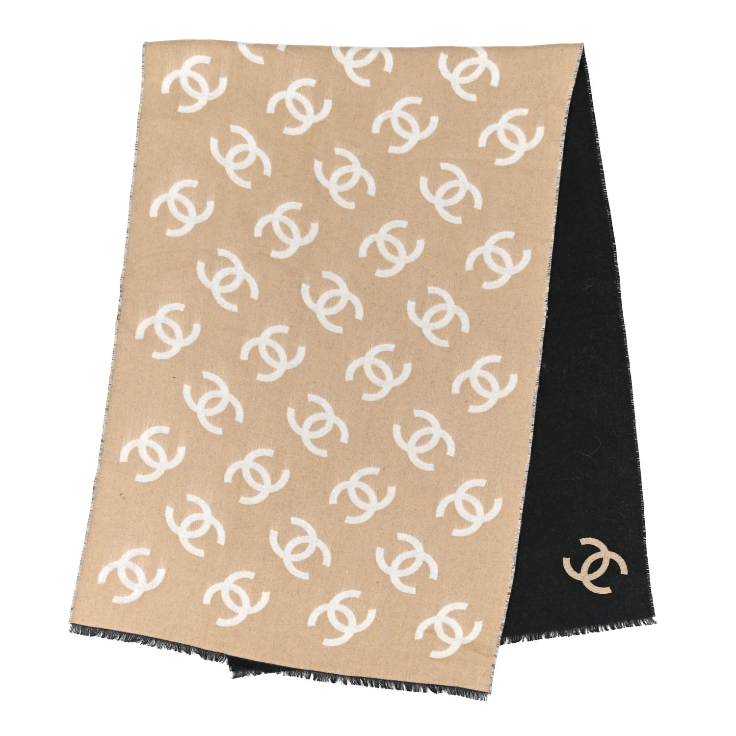 Cashmere Logo Stole Fringe Beige Black - Image 2