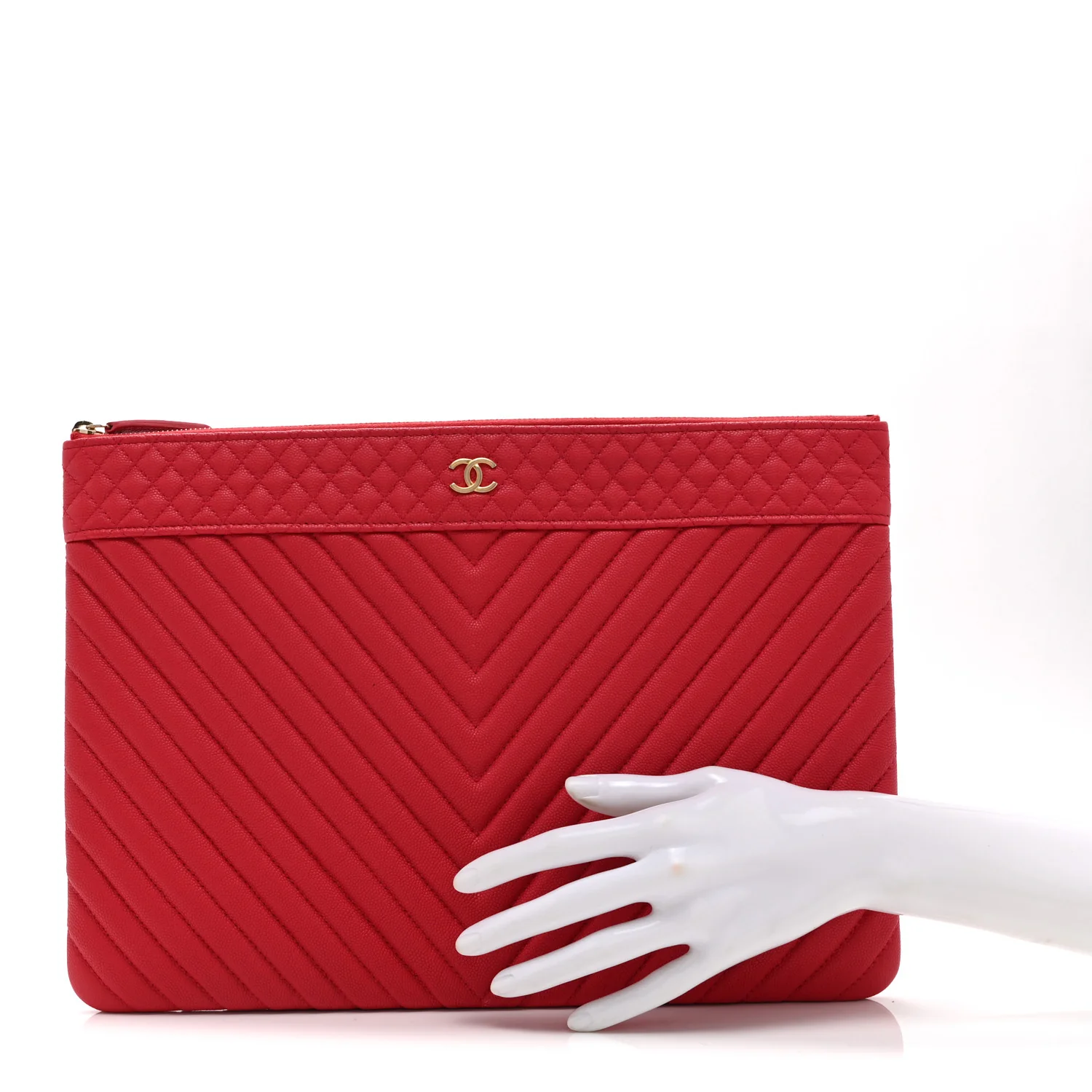Caviar Chevron Quilted Large Cosmetic Case Red - Image 2