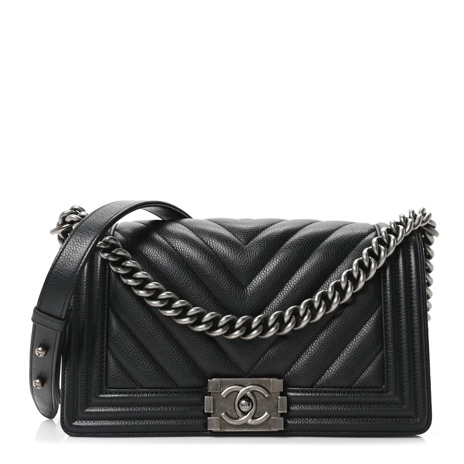 Caviar Chevron Quilted Medium Boy Flap Black