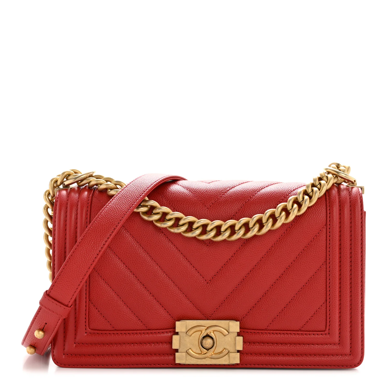 Caviar Chevron Quilted Medium Boy Flap Red