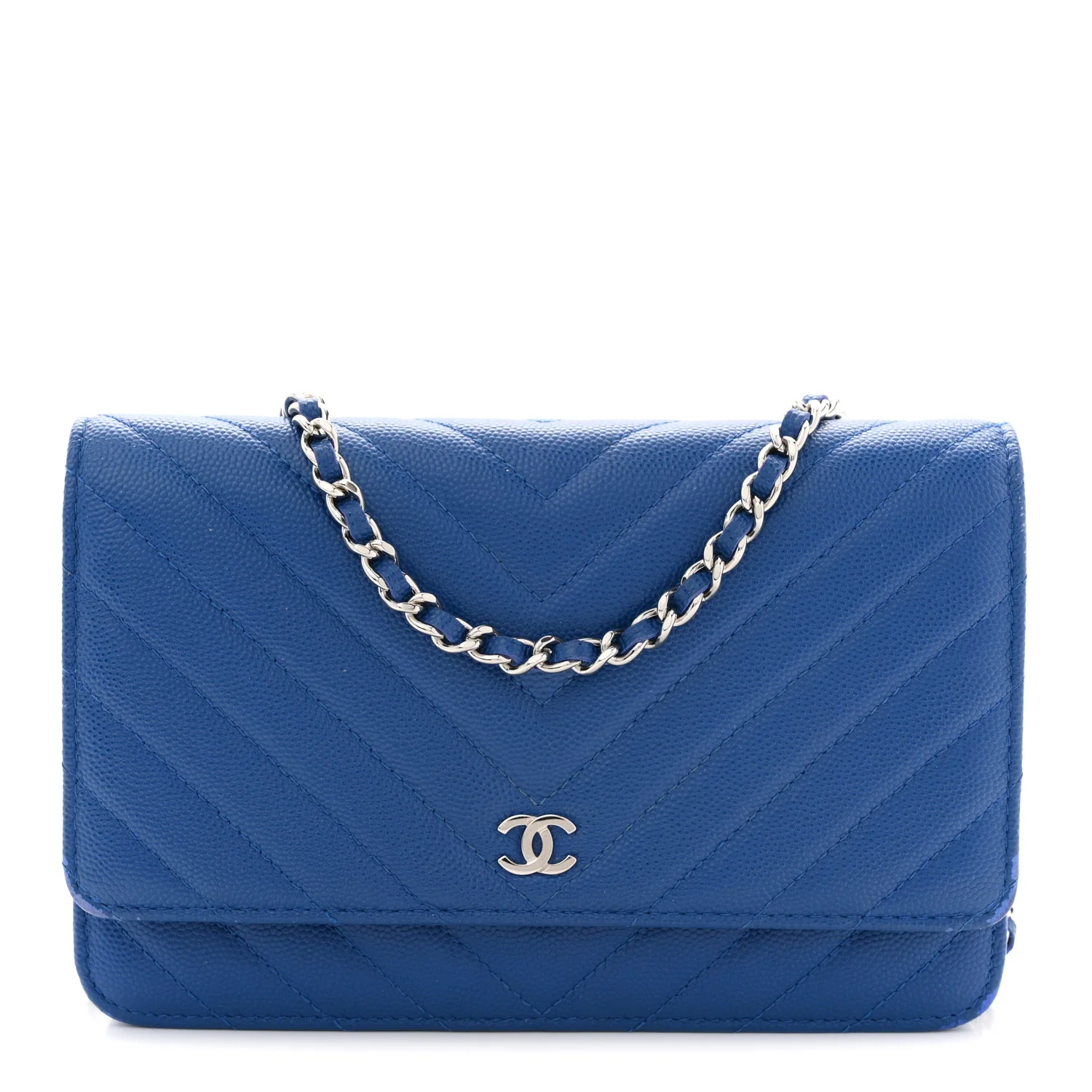 Caviar Chevron Quilted Wallet On Chain WOC Blue