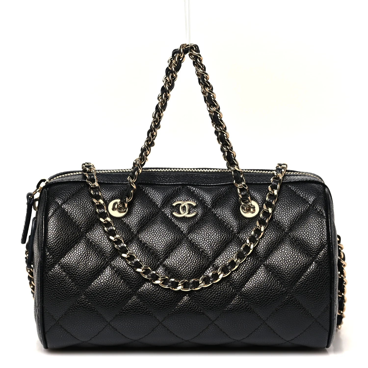 Caviar Quilted Barrel Clutch With Chain Black