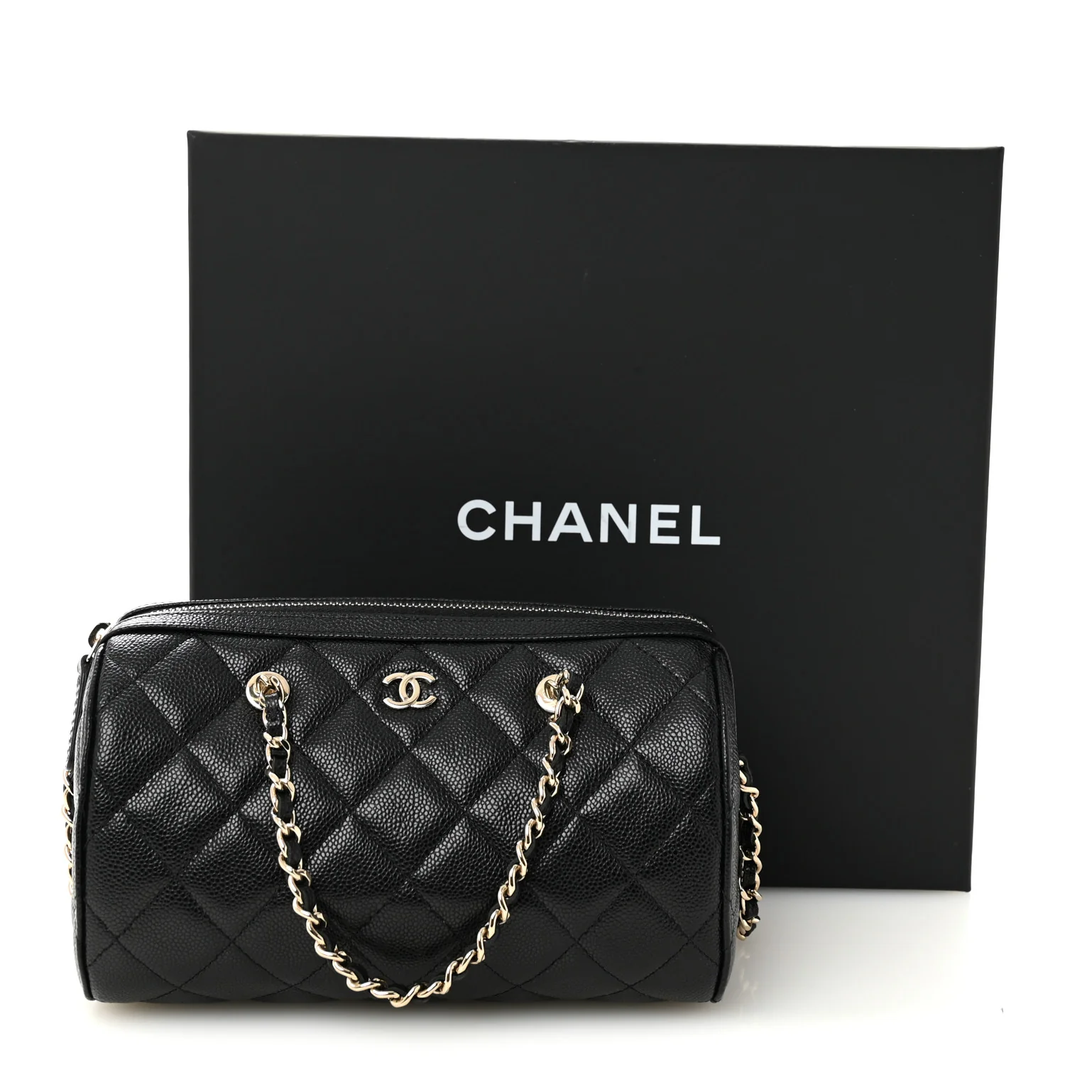 Caviar Quilted Barrel Clutch With Chain Black - Image 11