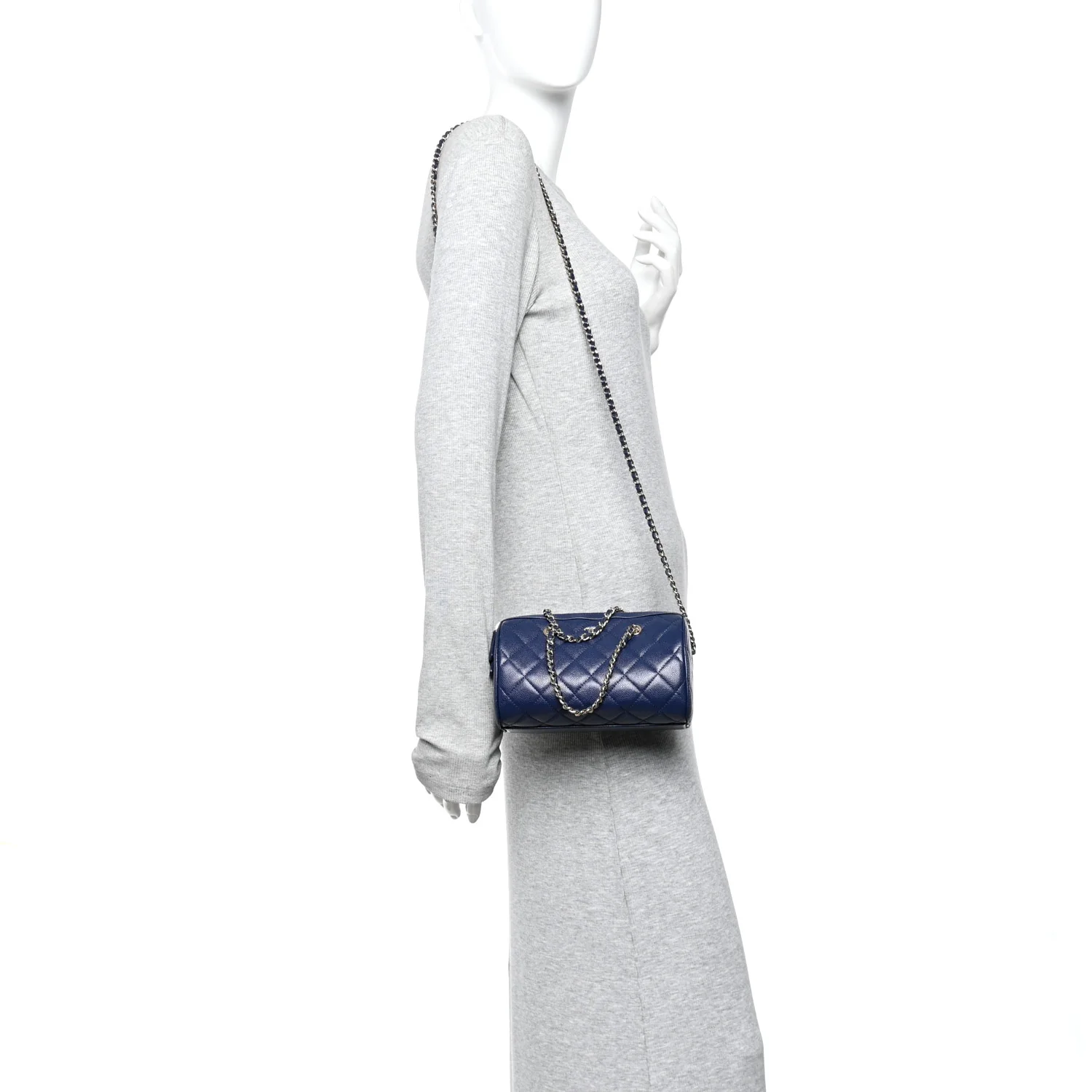 Caviar Quilted Barrel Clutch With Chain Navy - Image 2
