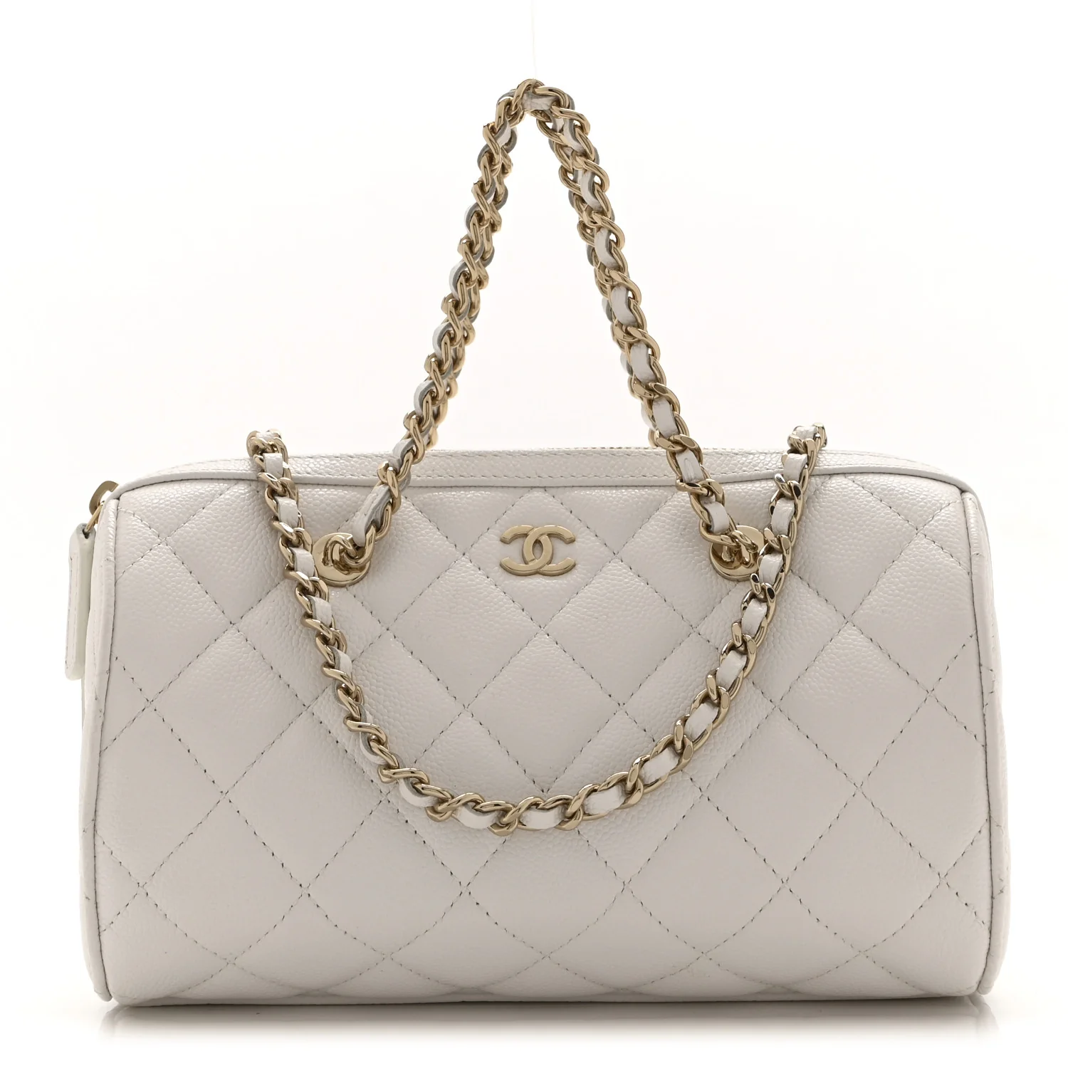 Caviar Quilted Barrel Clutch With Chain White