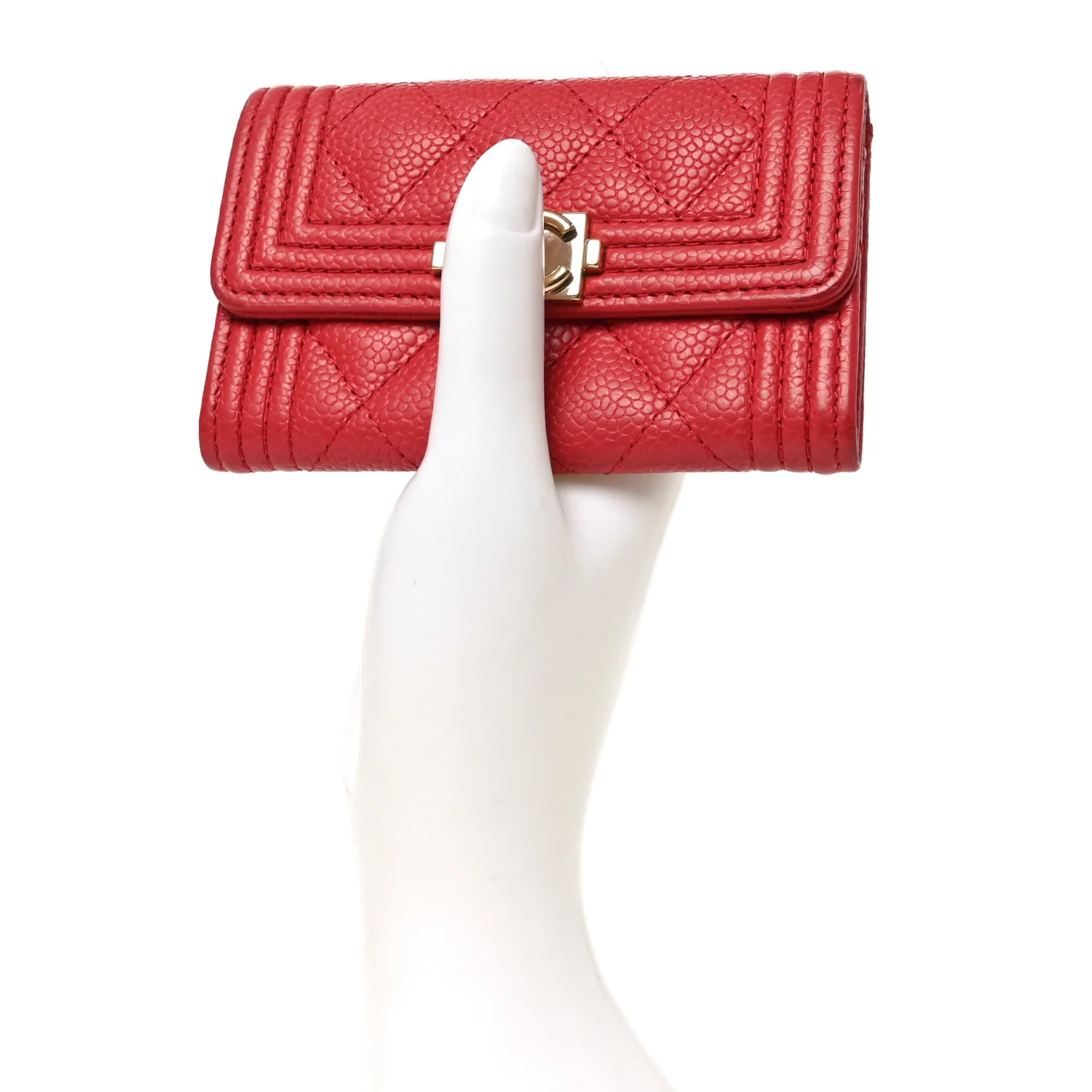 Caviar Quilted Boy Flap Card Holder Wallet Red - Image 2
