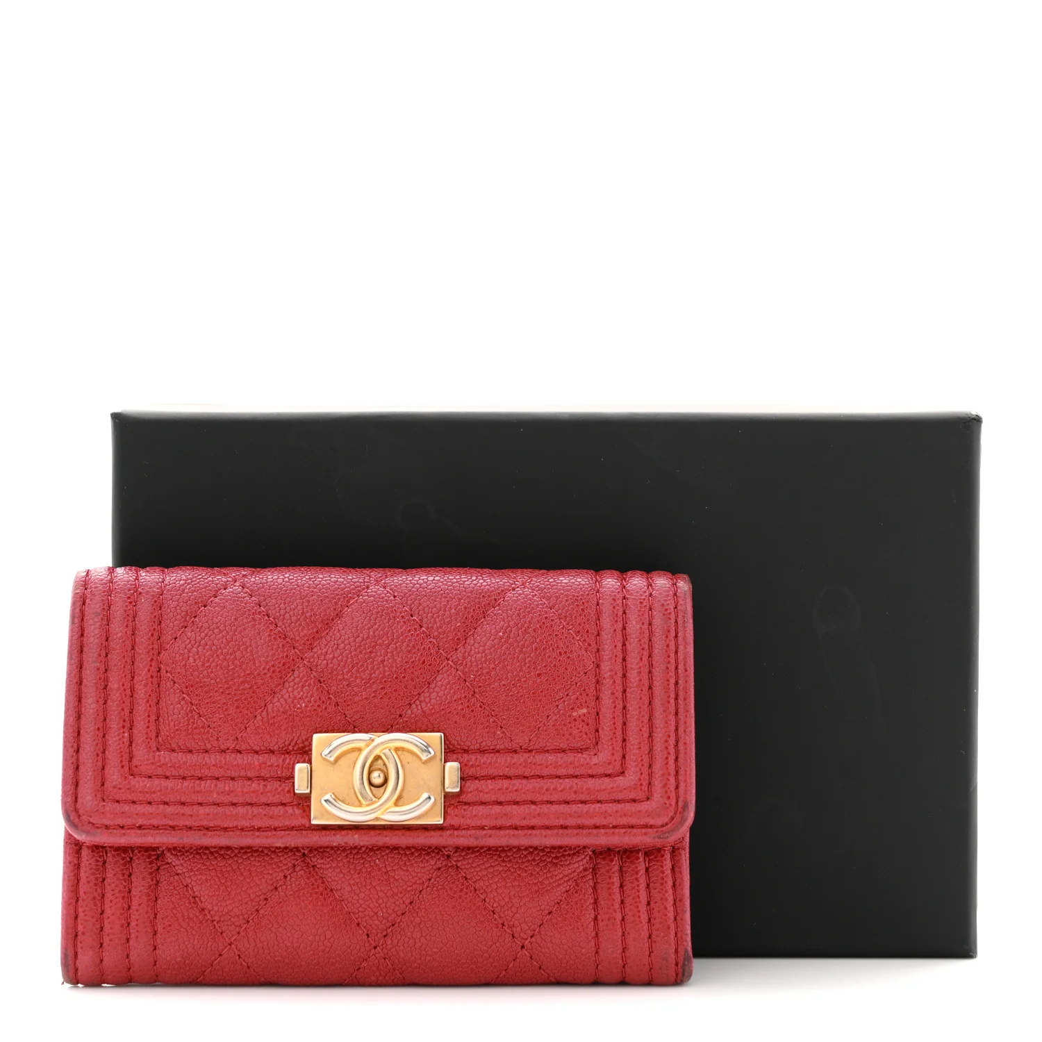 Caviar Quilted Boy Flap Card Holder Wallet Red - Image 11