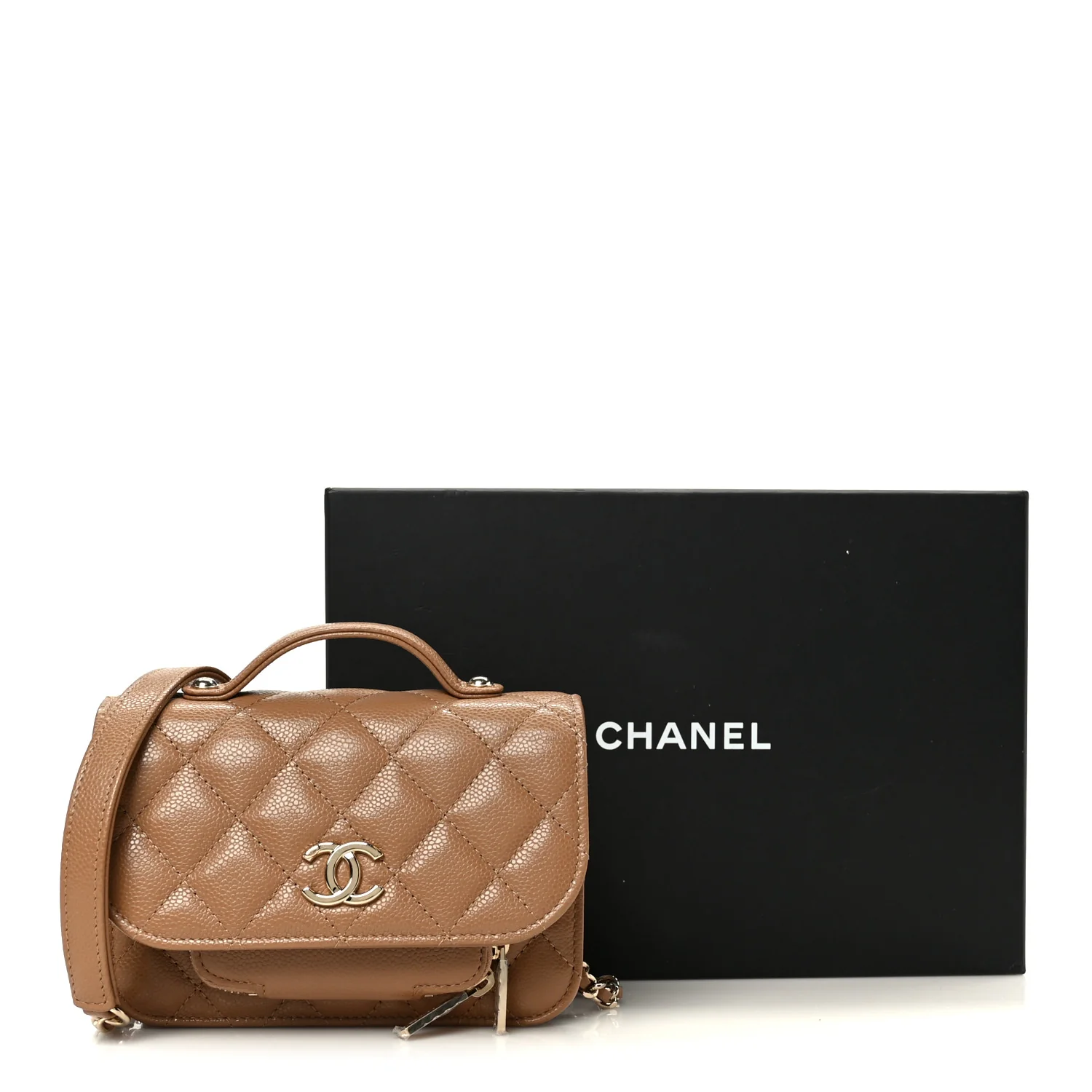 Caviar Quilted Business Affinity Clutch With Chain Flap Camel - Image 11