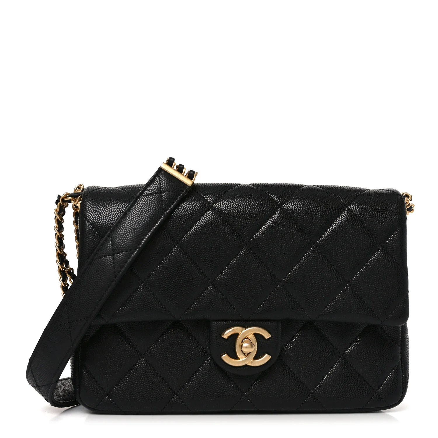 Caviar Quilted Chain Messenger Flap Bag Black